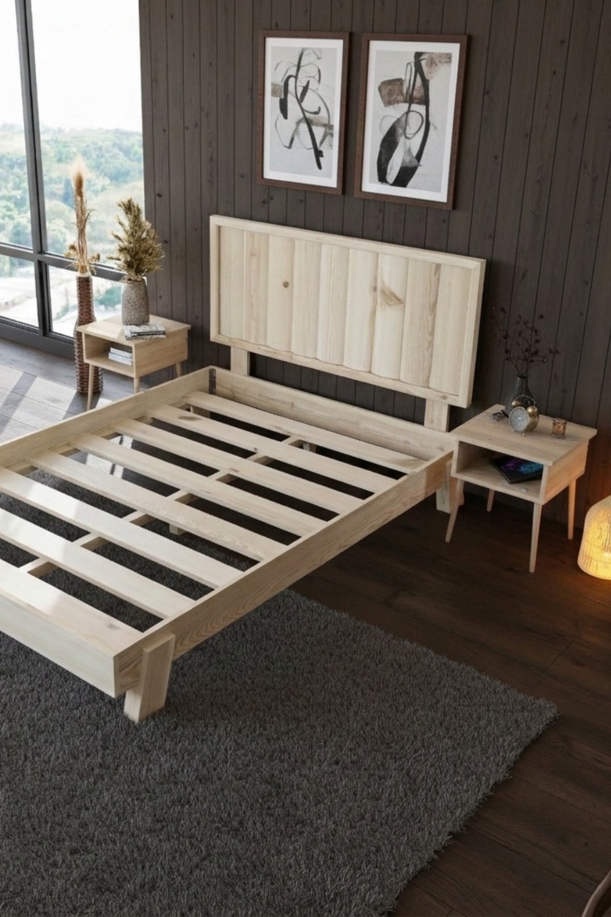 Hüma Model Dikey Başlıklı Masif Ahşap Karyola 2 Adet Komodin 140x200 Doğal