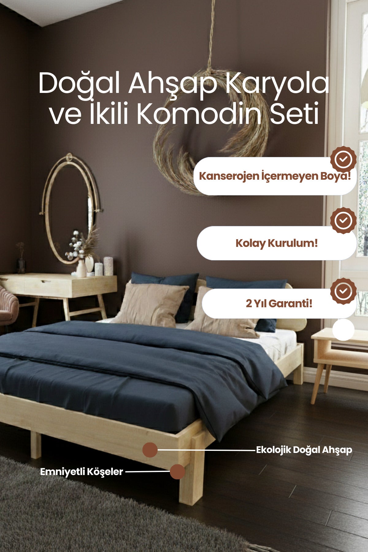 Damla Model 2 Başlıklı Masif Ahşap Karyola 2 Adet Komodin 90x190 Doğal