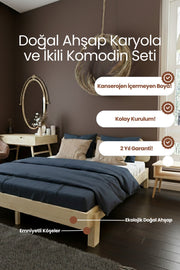Damla Model 2 Başlıklı Masif Ahşap Karyola 2 Adet Komodin 90x190 Doğal