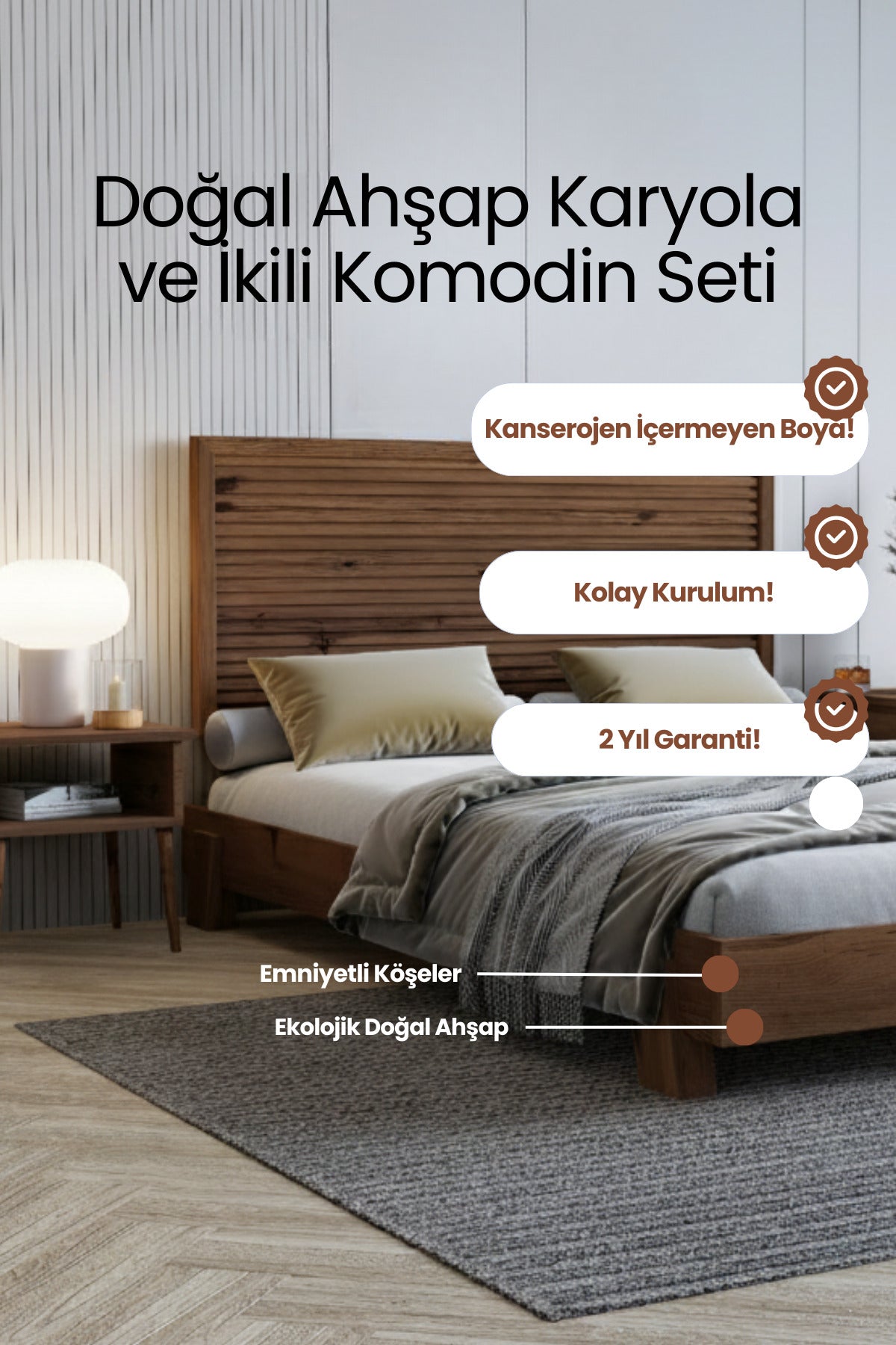 Alaz Model Yatay Başlıklı Masif Ahşap Karyola ve 2 Adet Komodin 180x200 Doğal