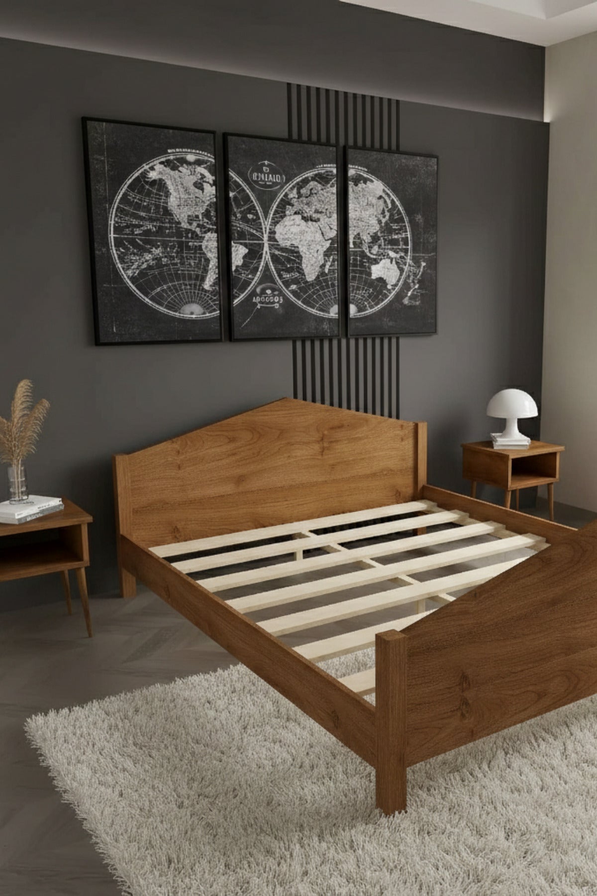 Mi̇lano Model Masif Ahşap Karyola 2 Adet Komodin 100x200 Ceviz