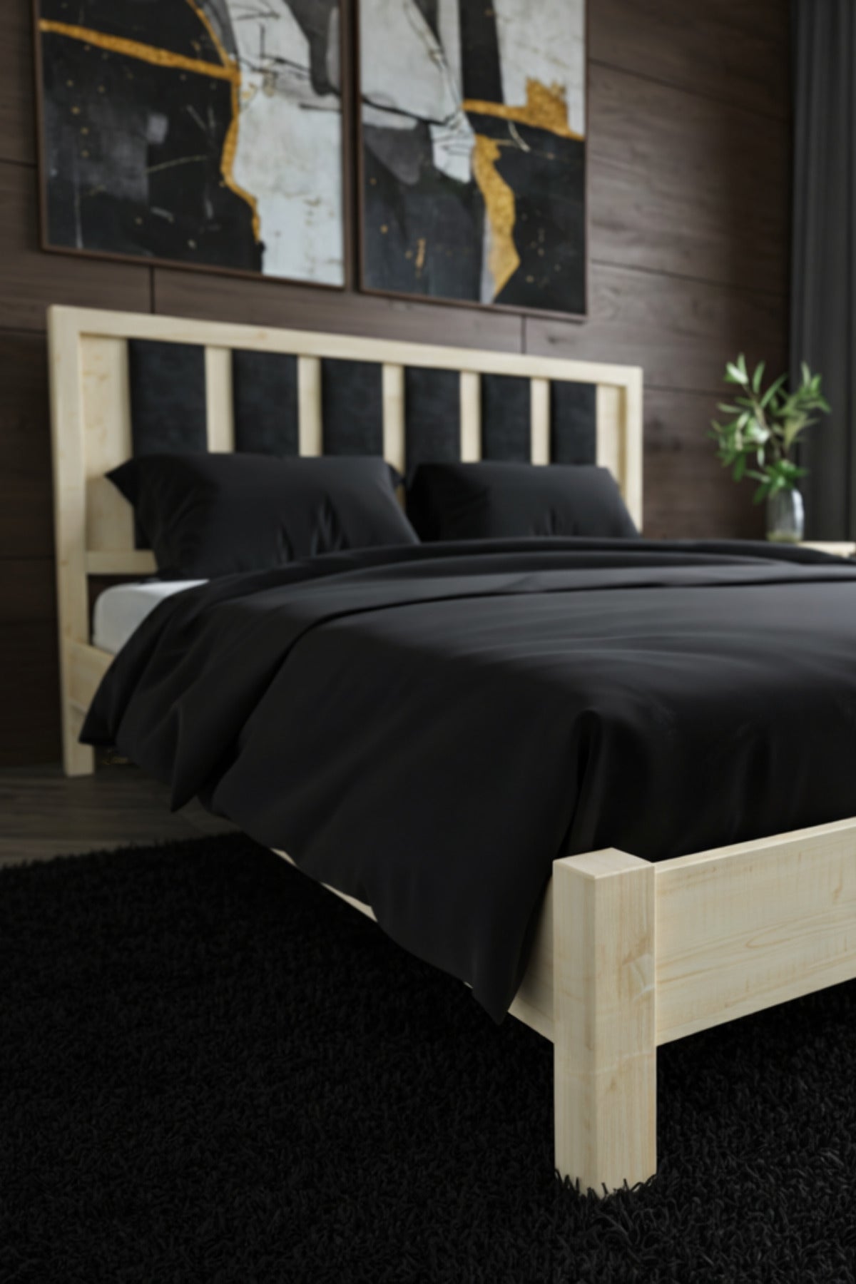 Ori̇on Model Siyah Puf Başlıklı Masif Ahşap Karyola 120x200 Doğal