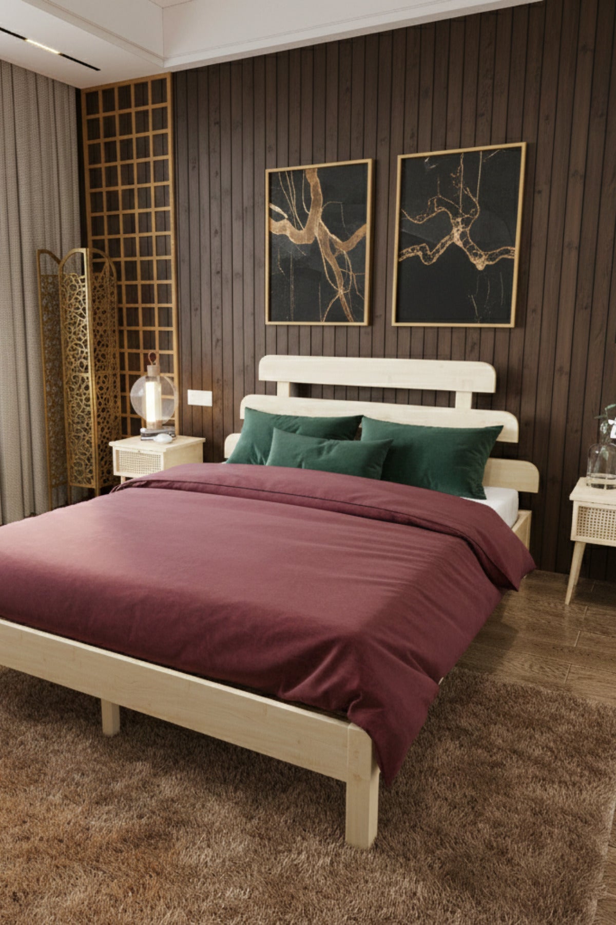 Lotus X New Model Masif Ahşap Karyola 2 Adet Komodin 100x200 Doğal