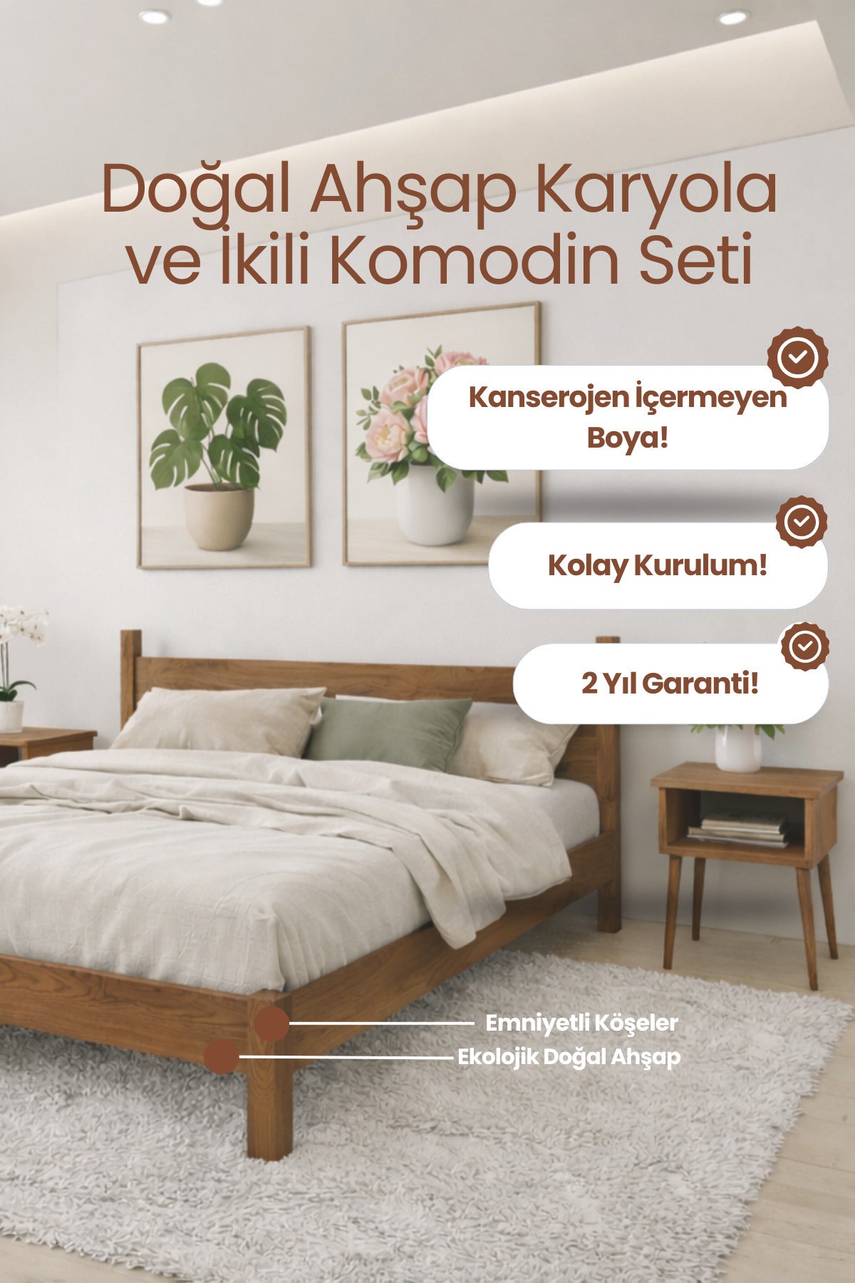 Mi̇rage Model Masif Ahşap Karyola 2 Adet Komodin 160x200 Doğal