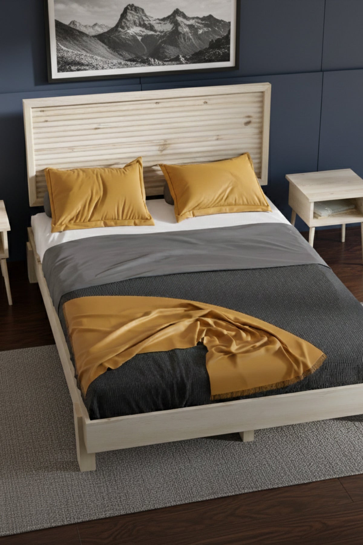 Ebruli̇ Model Yatay Başlıklı Masif Ahşap Karyola 150x200 Ceviz