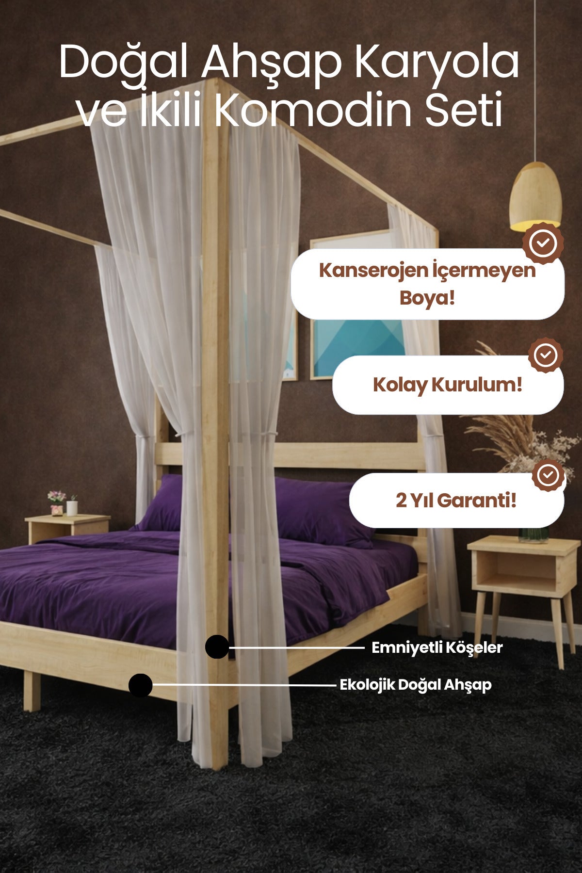 Natura Ci̇bi̇nli̇kli̇ Model Masif Ahşap Karyola ve 2 Adet Komodin 90x190 Doğal