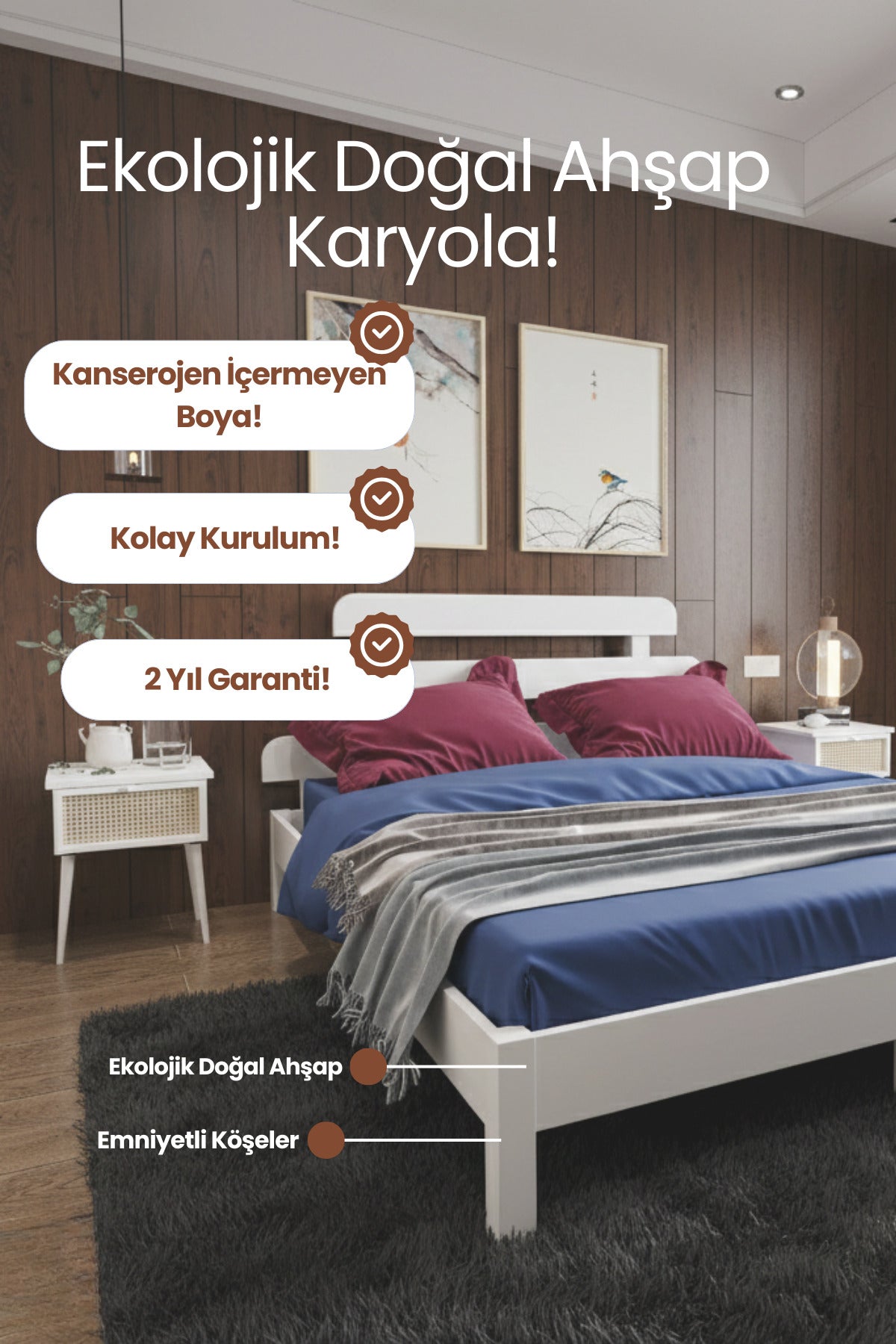 Lotus X New Model Masif Ahşap Karyola 2 Adet Komodin 120x200 Ceviz