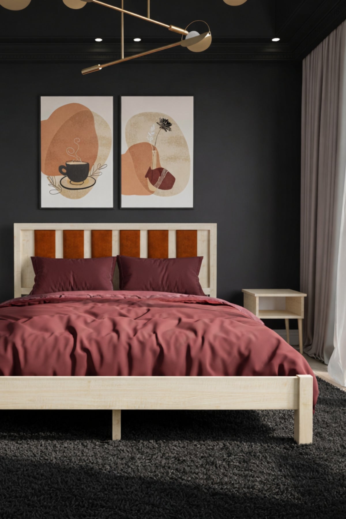 Ori̇on Model Kiremit Rengi Puf Başlıklı Masif Ahşap Karyola 100x200 Doğal