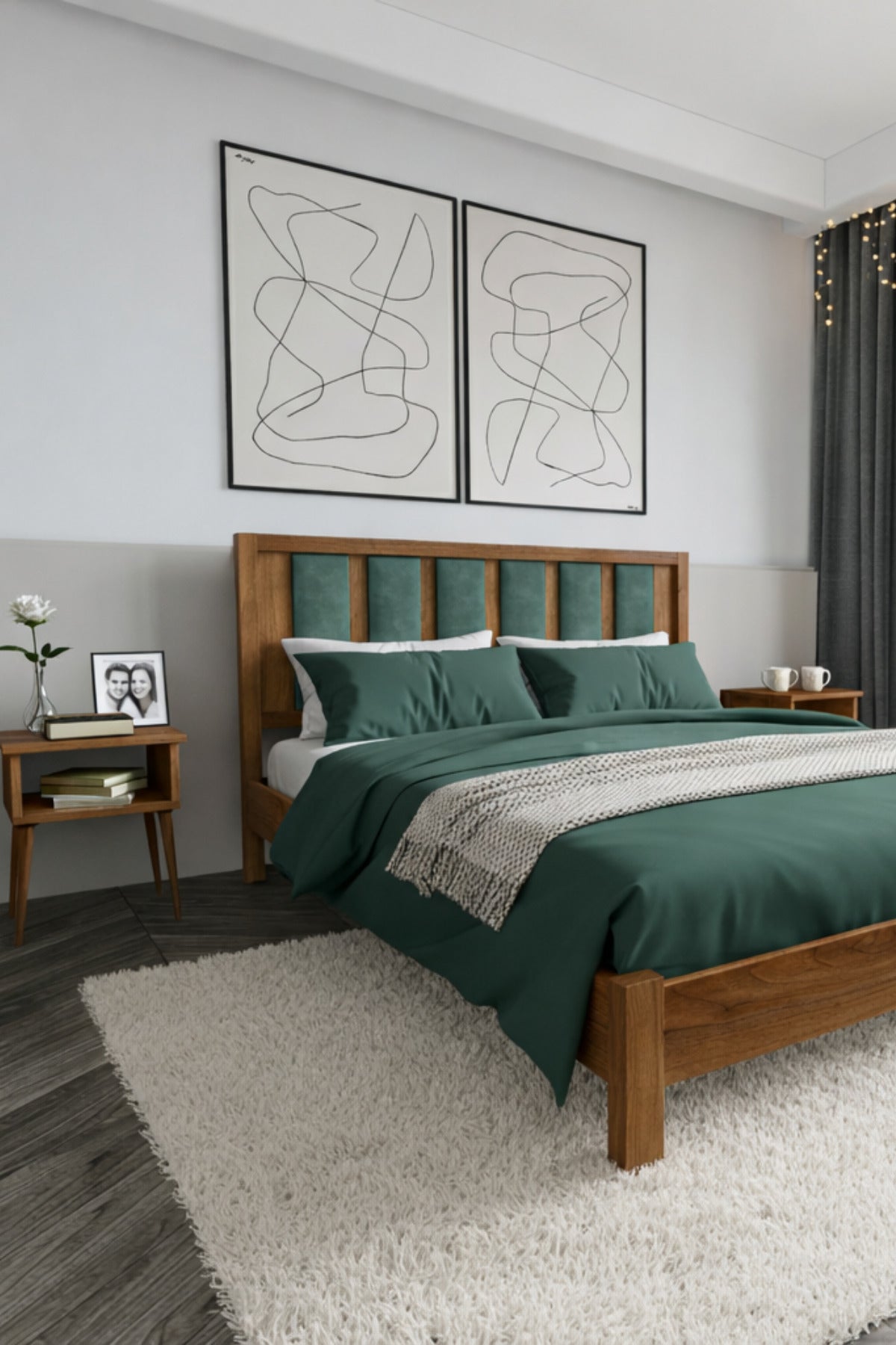 Ori̇on Model Çağla Yeşili Puf Başlıklı Masif Ahşap Karyola 90x190 Ceviz