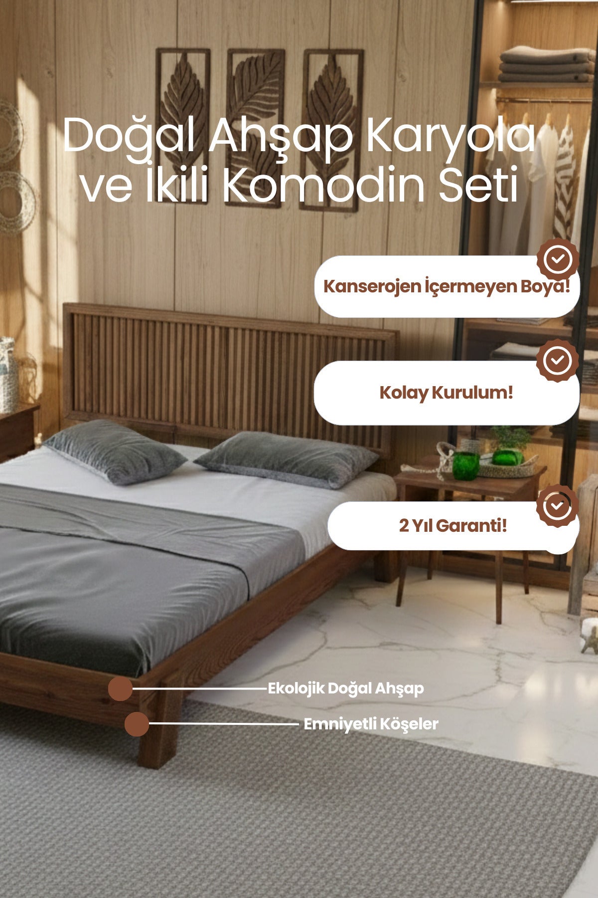 Alaz Model Dikey Başlıklı Masif Ahşap Karyola ve 2 Adet Komodin 160x200 Doğal