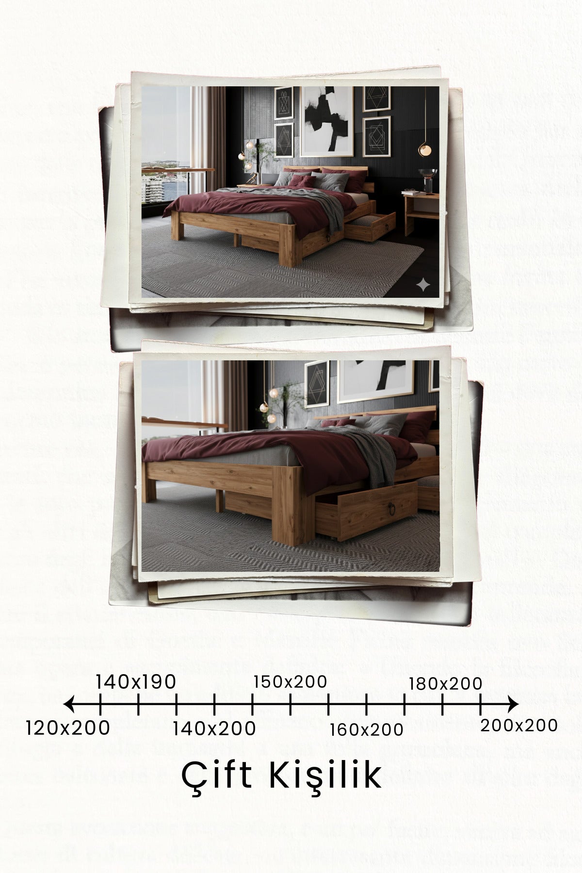 Lotus 2 Çekmeceli MDF Karyola 200x200 Beyaz