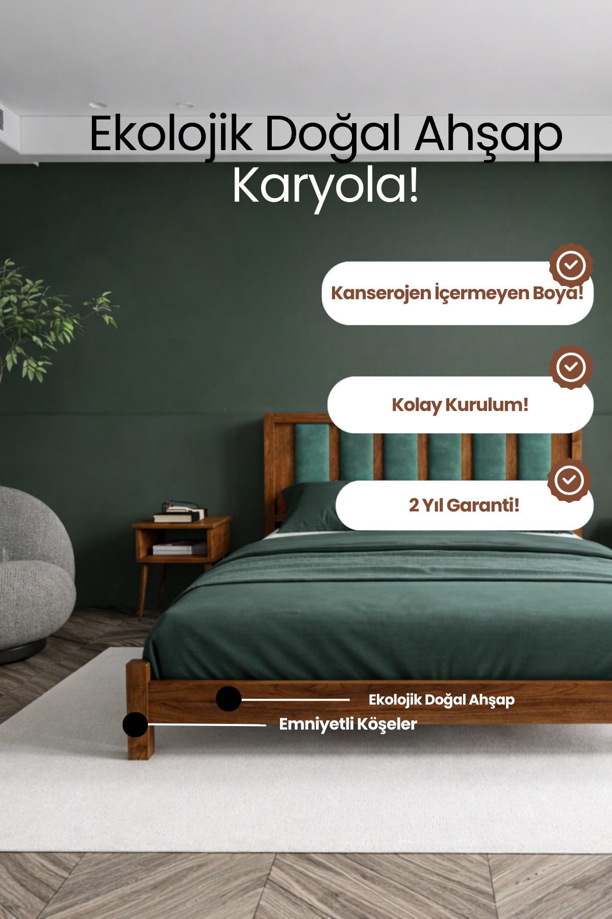 Ori̇on Model Çağla Yeşili Puf Başlıklı Masif Ahşap Karyola 160x200 Doğal