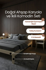 Letto Model Masif Ahşap Karyola 2 Adet Komodin 90x190 Doğal