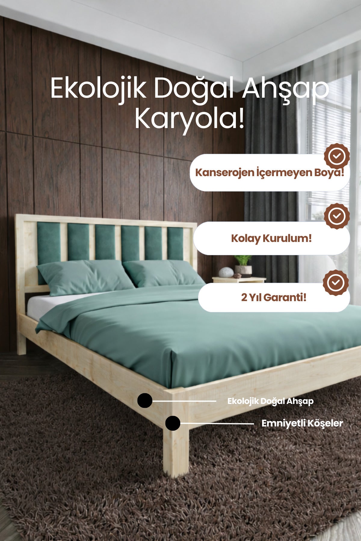 Ori̇on Model Çağla Yeşili Puf Başlıklı Masif Ahşap Karyola 140x190 Ceviz