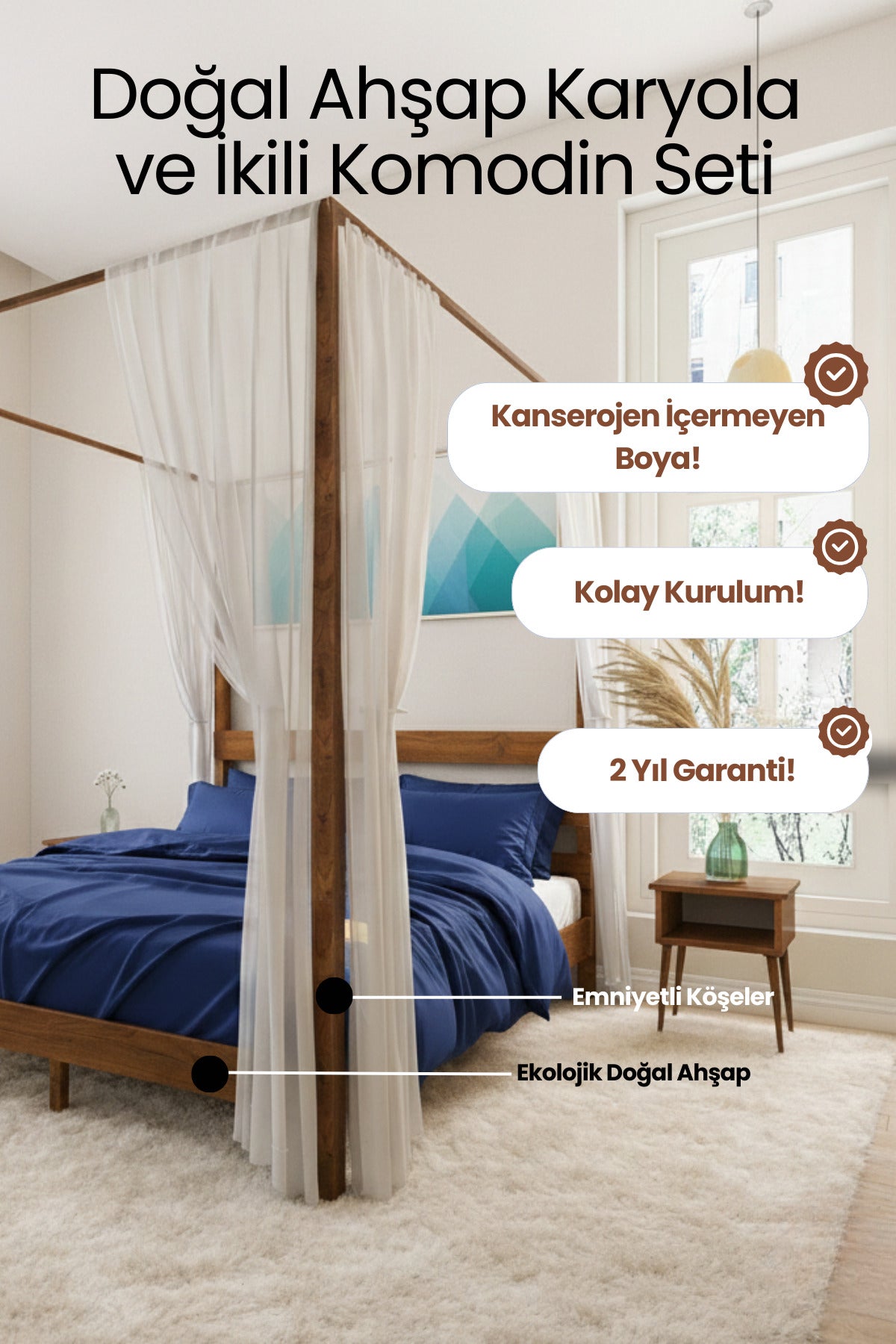 Natura Ci̇bi̇nli̇kli̇ Model Masif Ahşap Karyola 2 Adet Komodin 150x200 Doğal