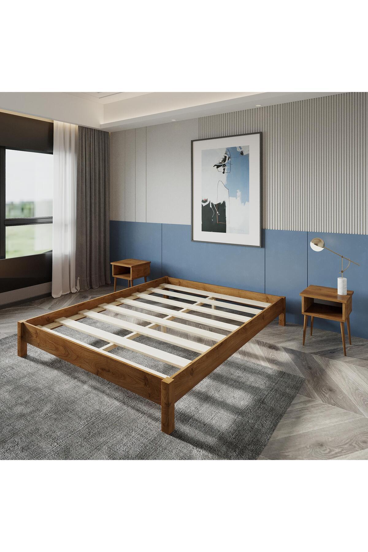 Loft Model Masif Ahşap Karyola 2 Adet Komodin 140x200 Doğal