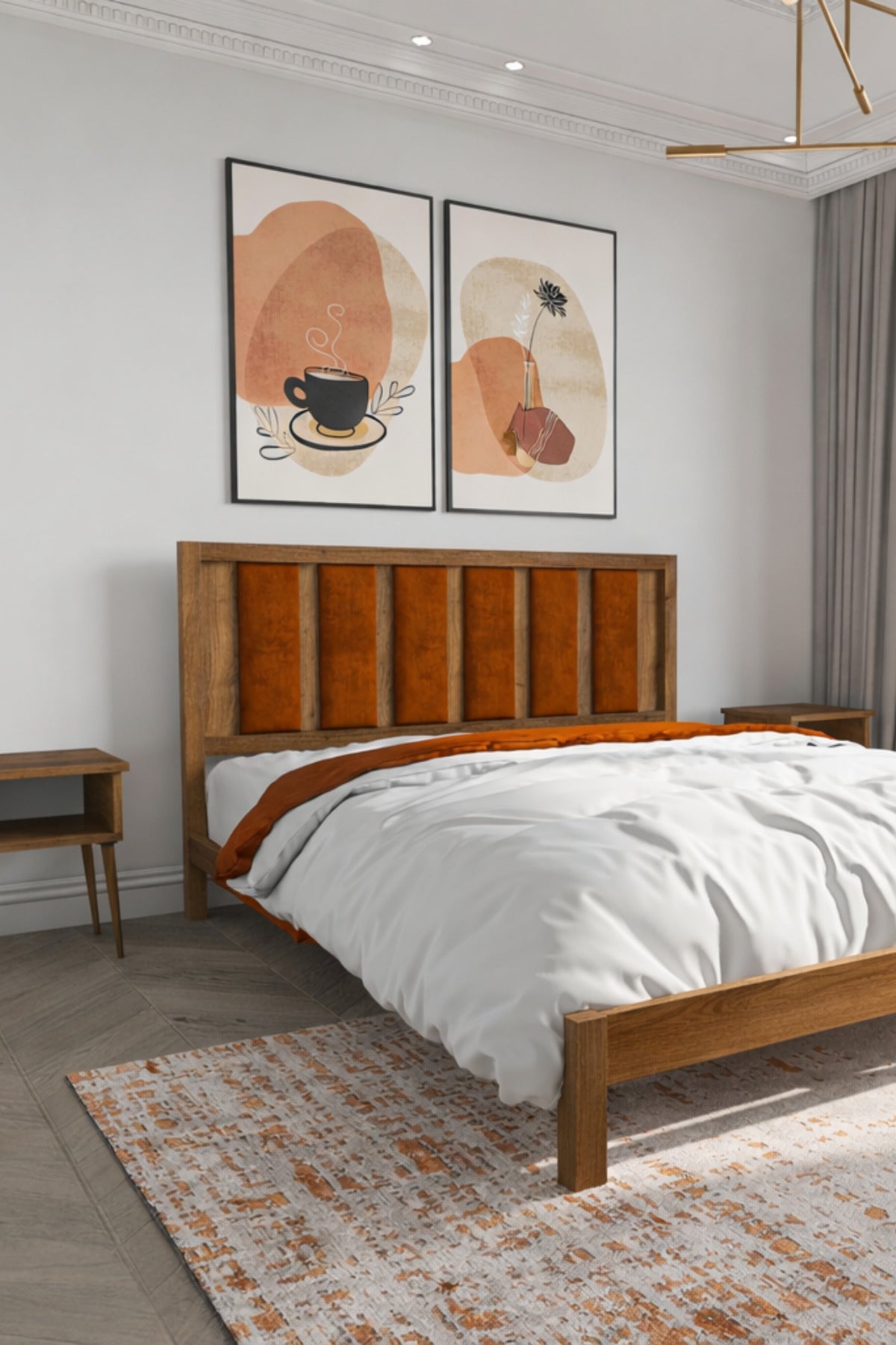 Ori̇on Model Kiremit Rengi Puf Başlıklı Masif Ahşap Karyola 90x200 Ceviz