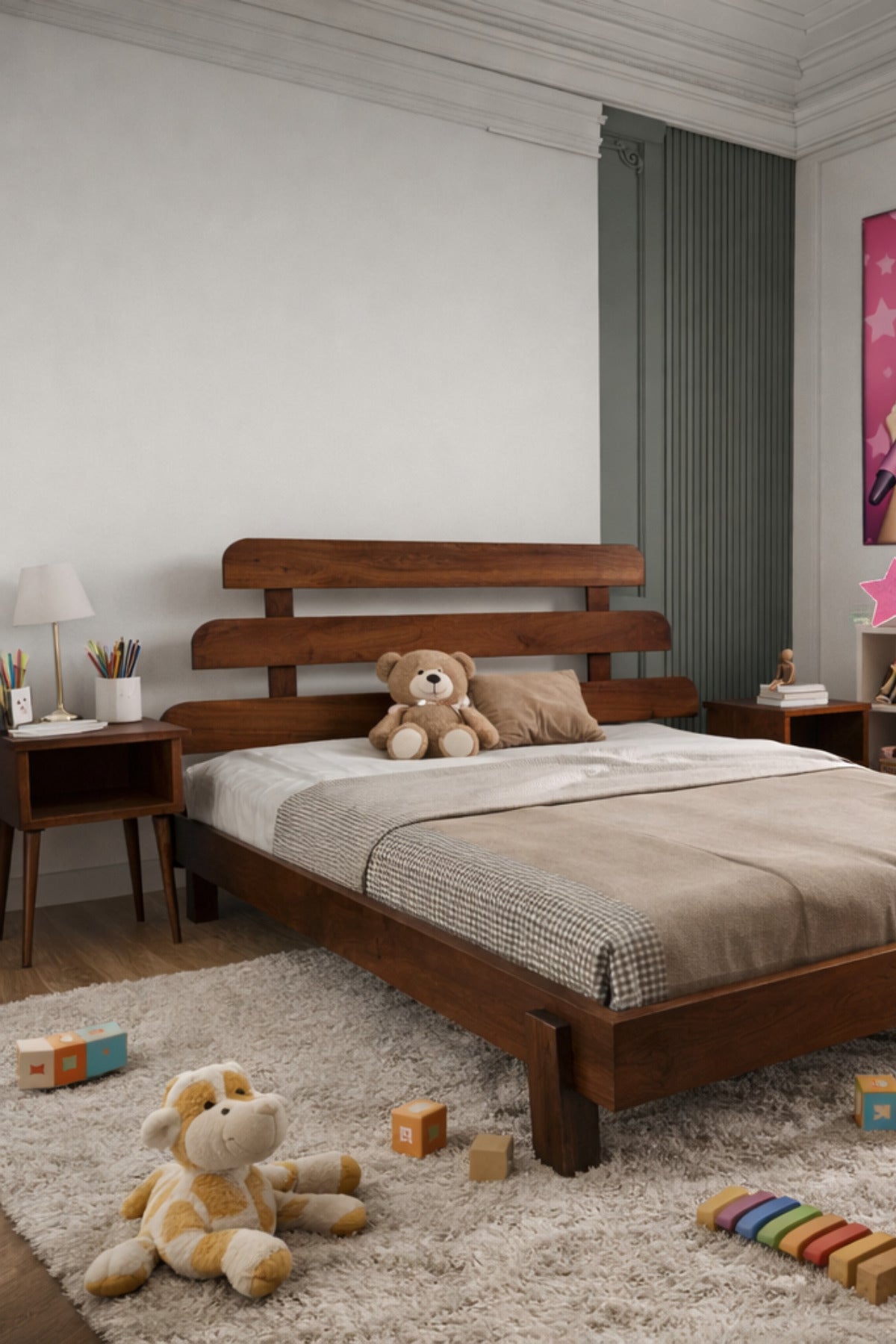 Lotus X New Model Masif Ahşap Karyola ve 2 Adet Komodin 200x200 Doğal