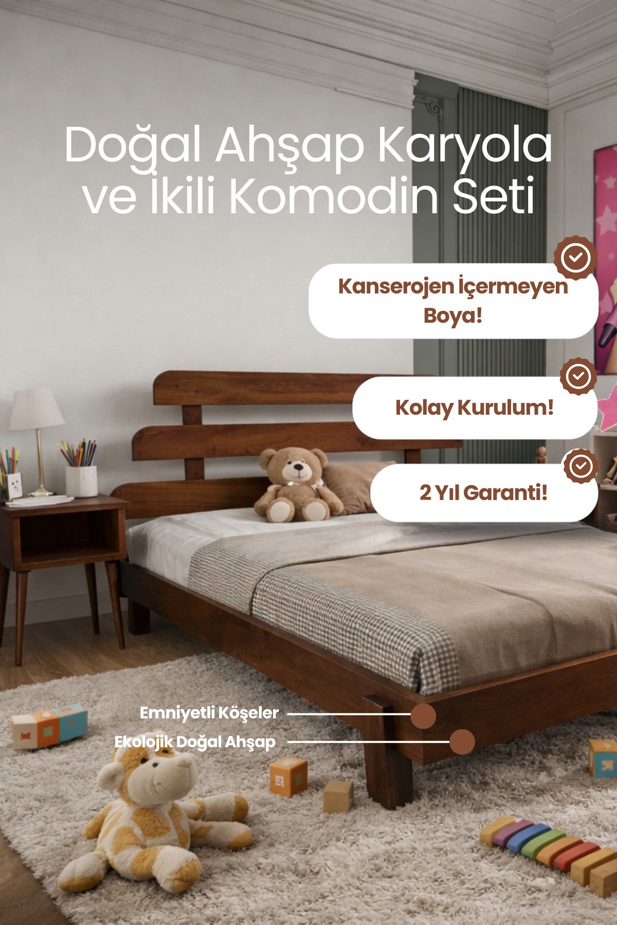 Lotus X Model Masif Ahşap Karyola ve 2 Adet Komodin 160x200 Doğal