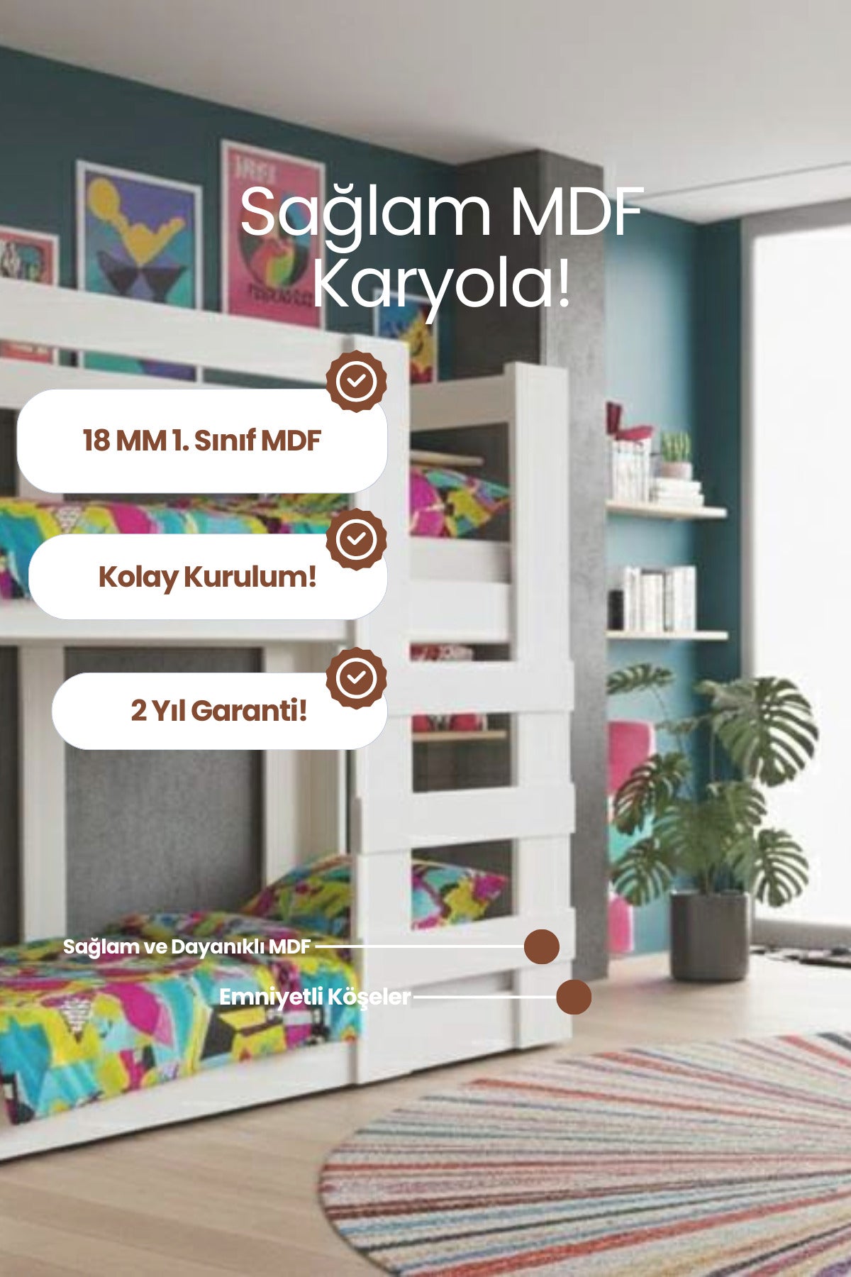 Agonya Modern MDF İki Katlı Ranza 90x190 Beyaz
