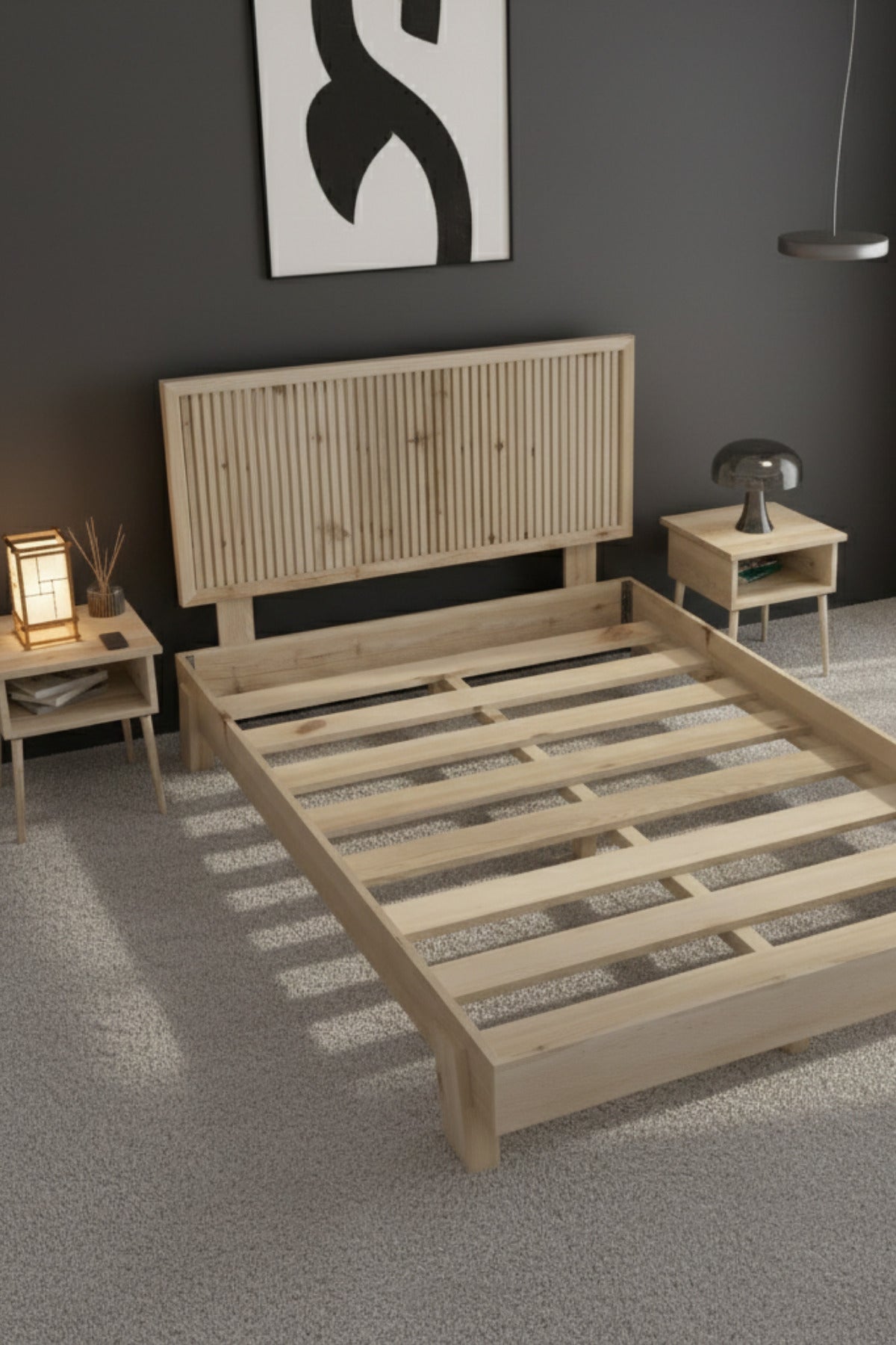 Alaz Model Dikey Başlıklı Masif Ahşap Karyola ve 2 Adet Komodin 140x200 Doğal