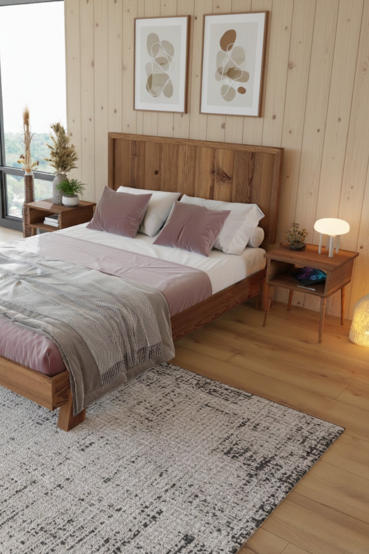 Hüma Model Dikey Başlıklı Masif Ahşap Karyola 2 Adet Komodin 200x200 Doğal