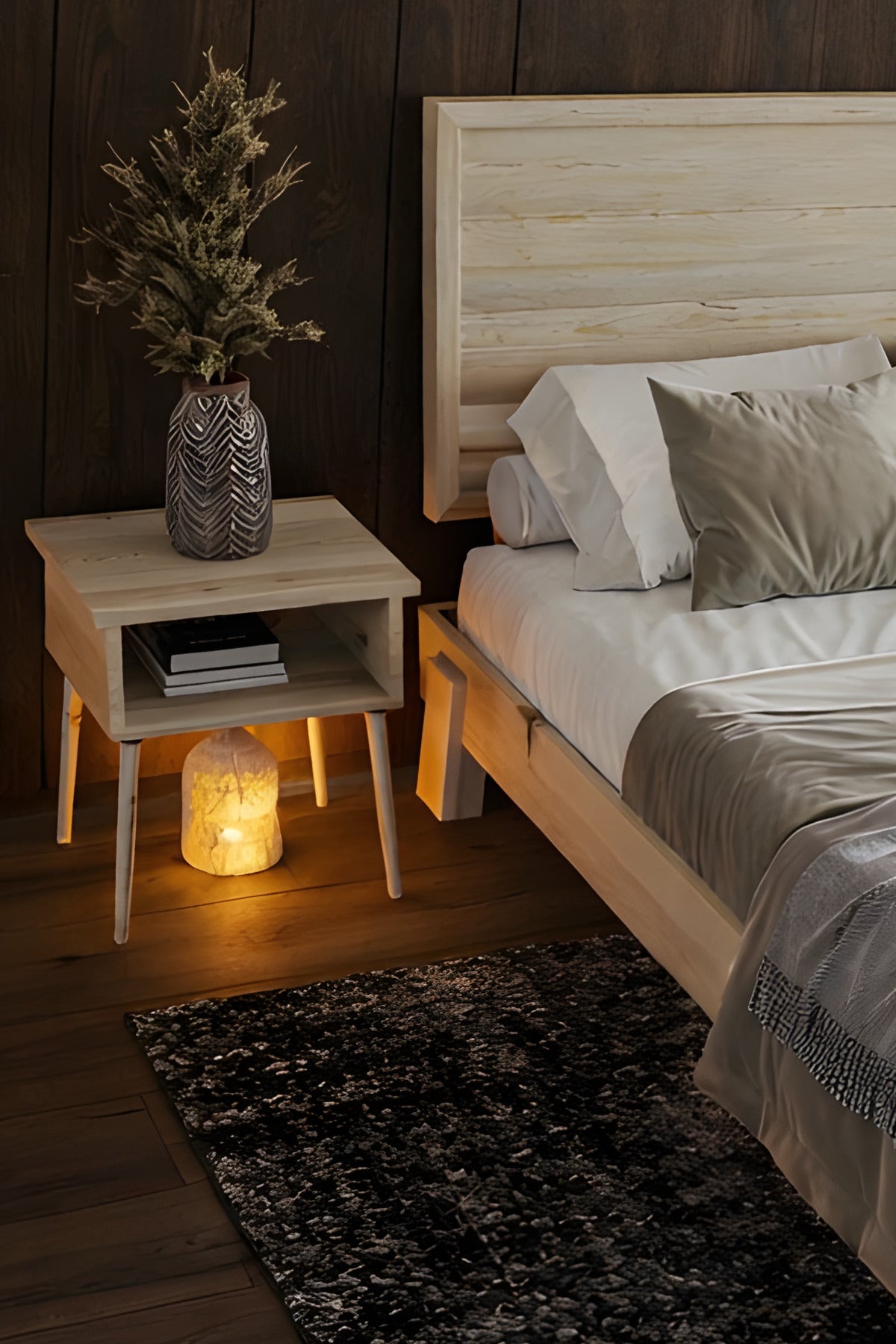 Hüma Model Yatay Başlıklı Masif Ahşap Karyola 2 Adet Komodin 120x200 Doğal