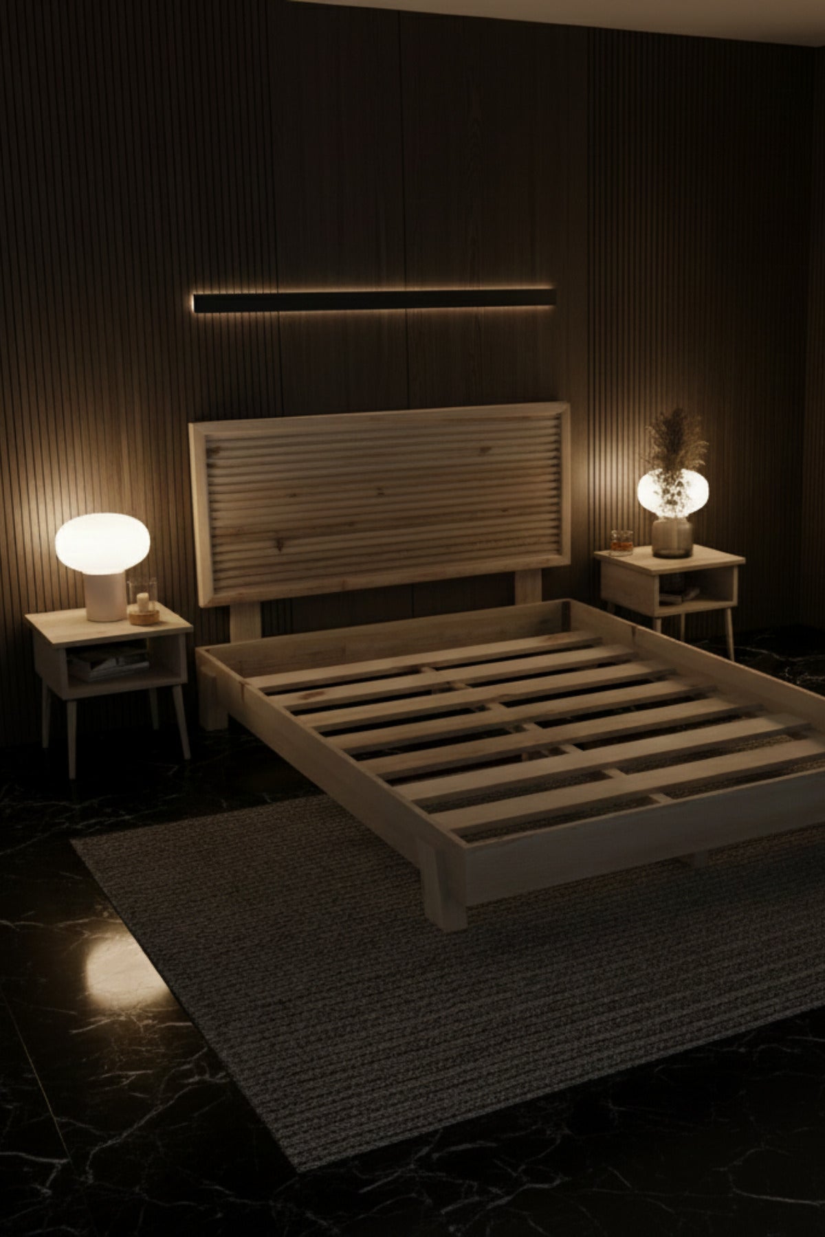 Alaz Model Yatay Başlıklı Masif Ahşap Karyola 2 Adet Komodin 150x200 Doğal