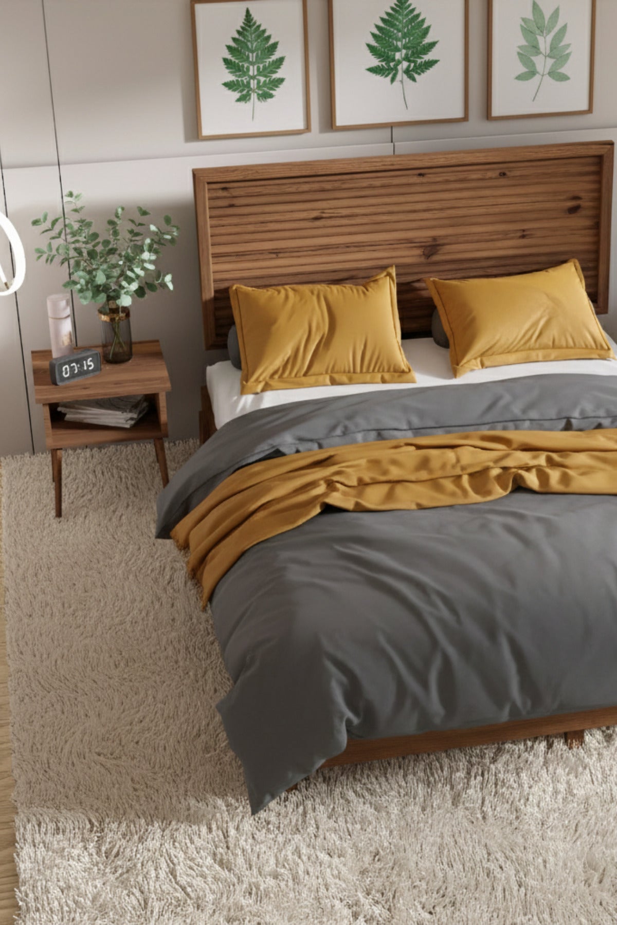 Ebruli̇ Model Yatay Başlıklı Masif Ahşap Karyola 2 Adet Komodin 90x190 Ceviz