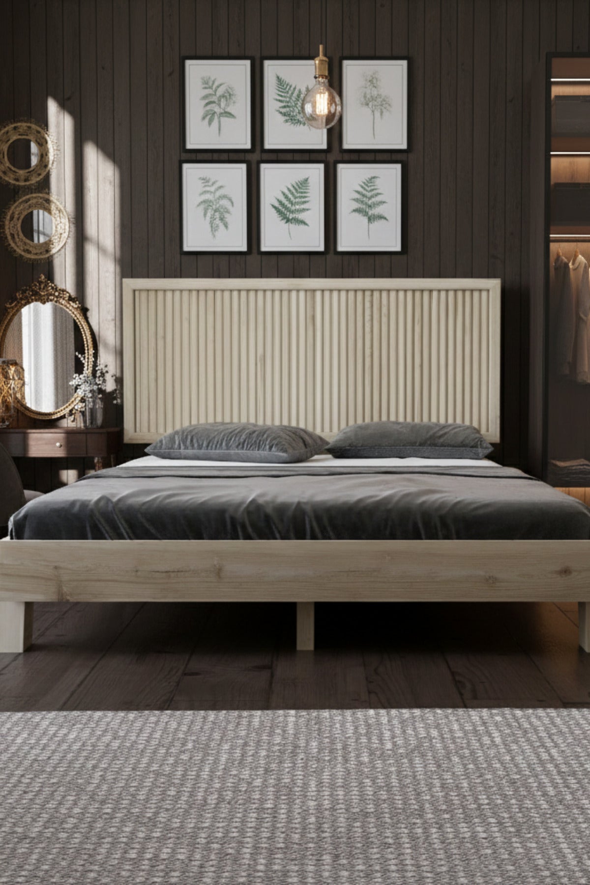Ebruli̇ Model Dikey Başlıklı Masif Ahşap Karyola 120x200 Doğal