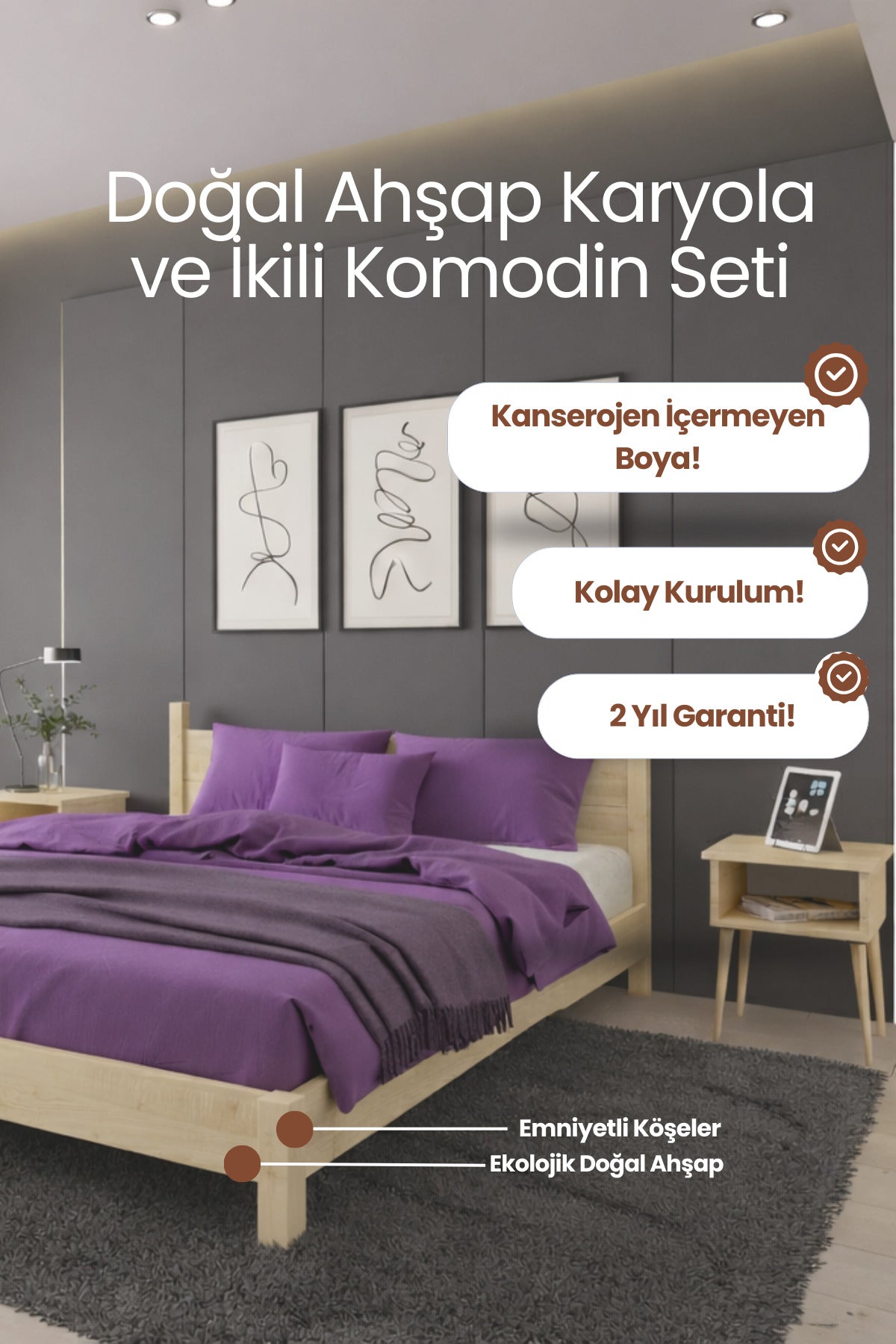 Mi̇rage Model Masif Ahşap Karyola 2 Adet Komodin 90x190 Doğal