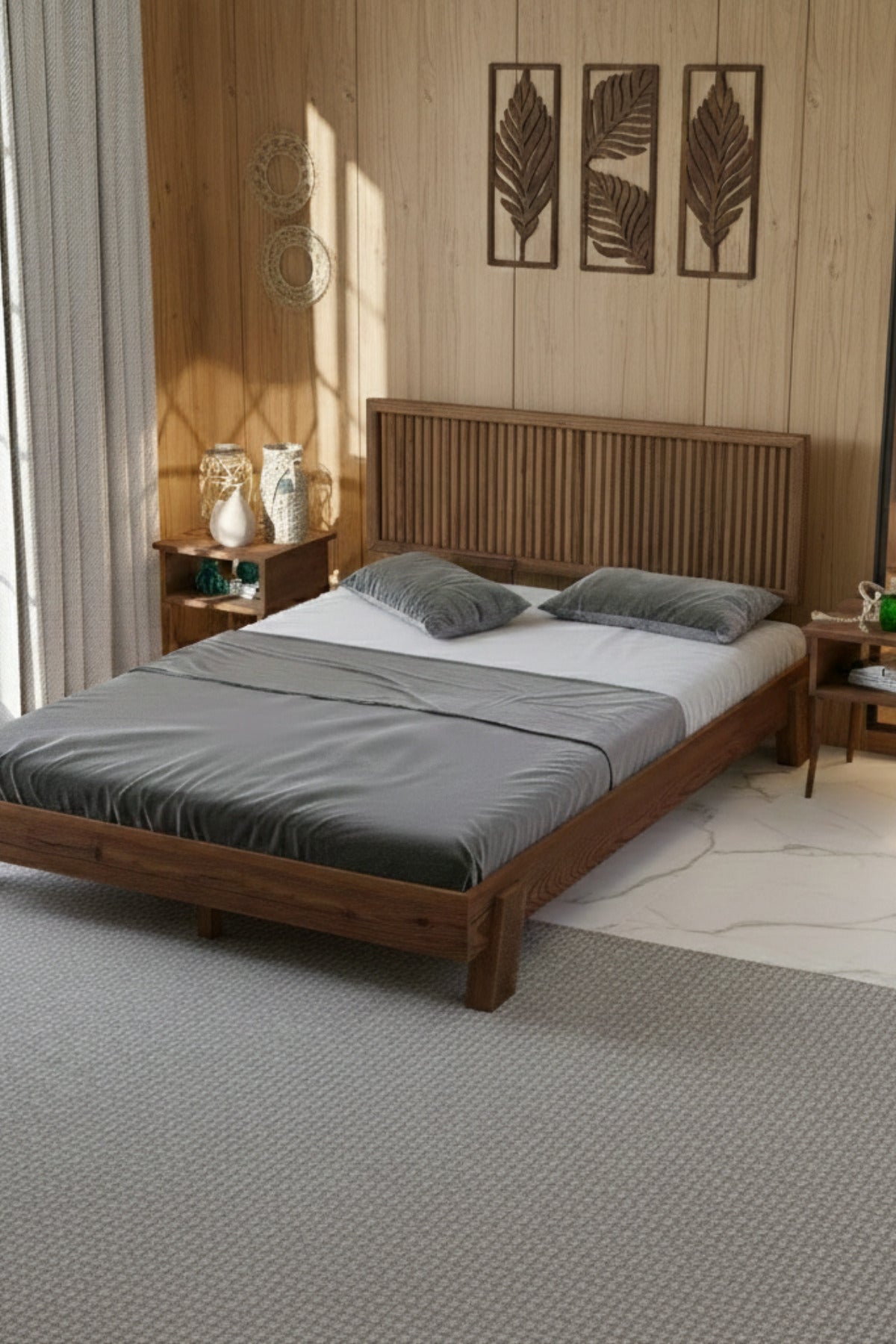 Ebruli̇ Model Dikey Başlıklı Masif Ahşap Karyola 180x200 Doğal
