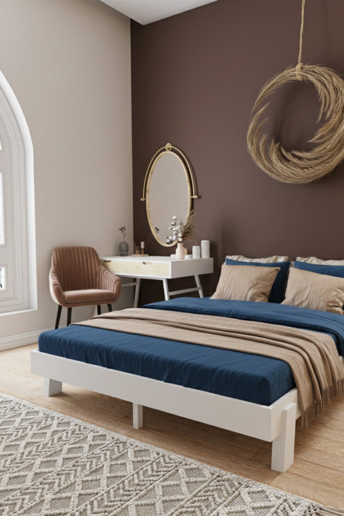 Damla Model 2 Başlıklı Masif Ahşap Karyola 2 Adet Komodin 90x200 Vernikli