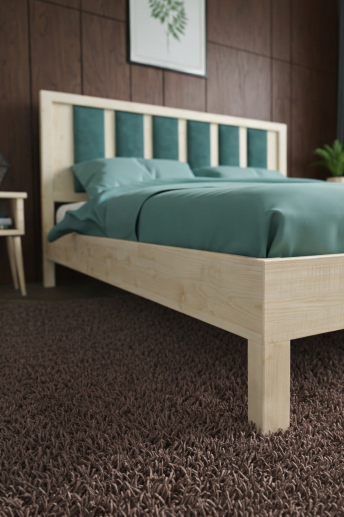 Ori̇on Model Çağla Yeşili Puf Başlıklı Masif Ahşap Karyola 140x190 Doğal