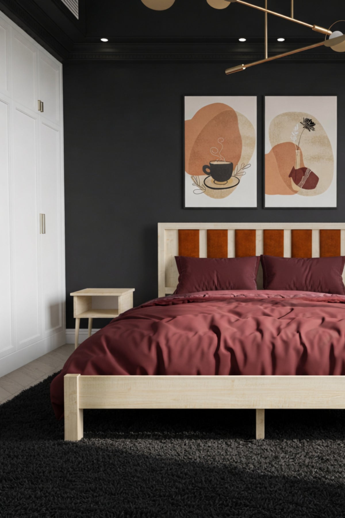 Ori̇on Model Kiremit Rengi Puf Başlıklı Masif Ahşap Karyola 180x200 Ceviz