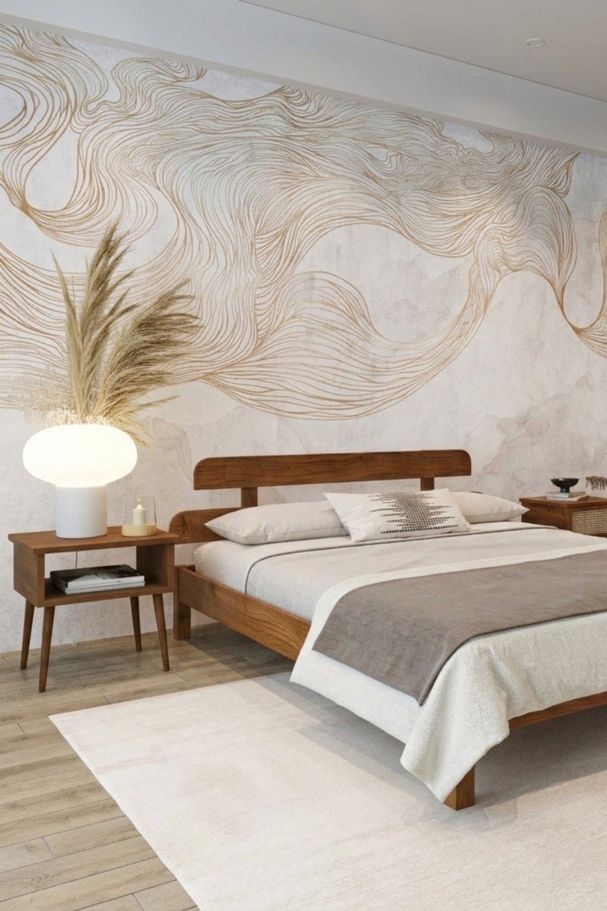 Lotus Model Masif Ahşap Karyola 2 Adet Komodin 200x200 Doğal