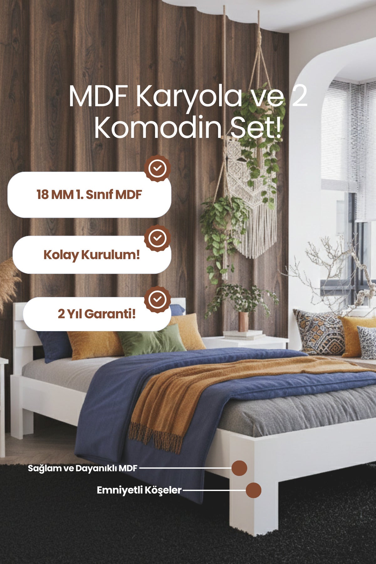 Letto MDF Karyola ve 2 Komodinli Set 90x190 Beyaz
