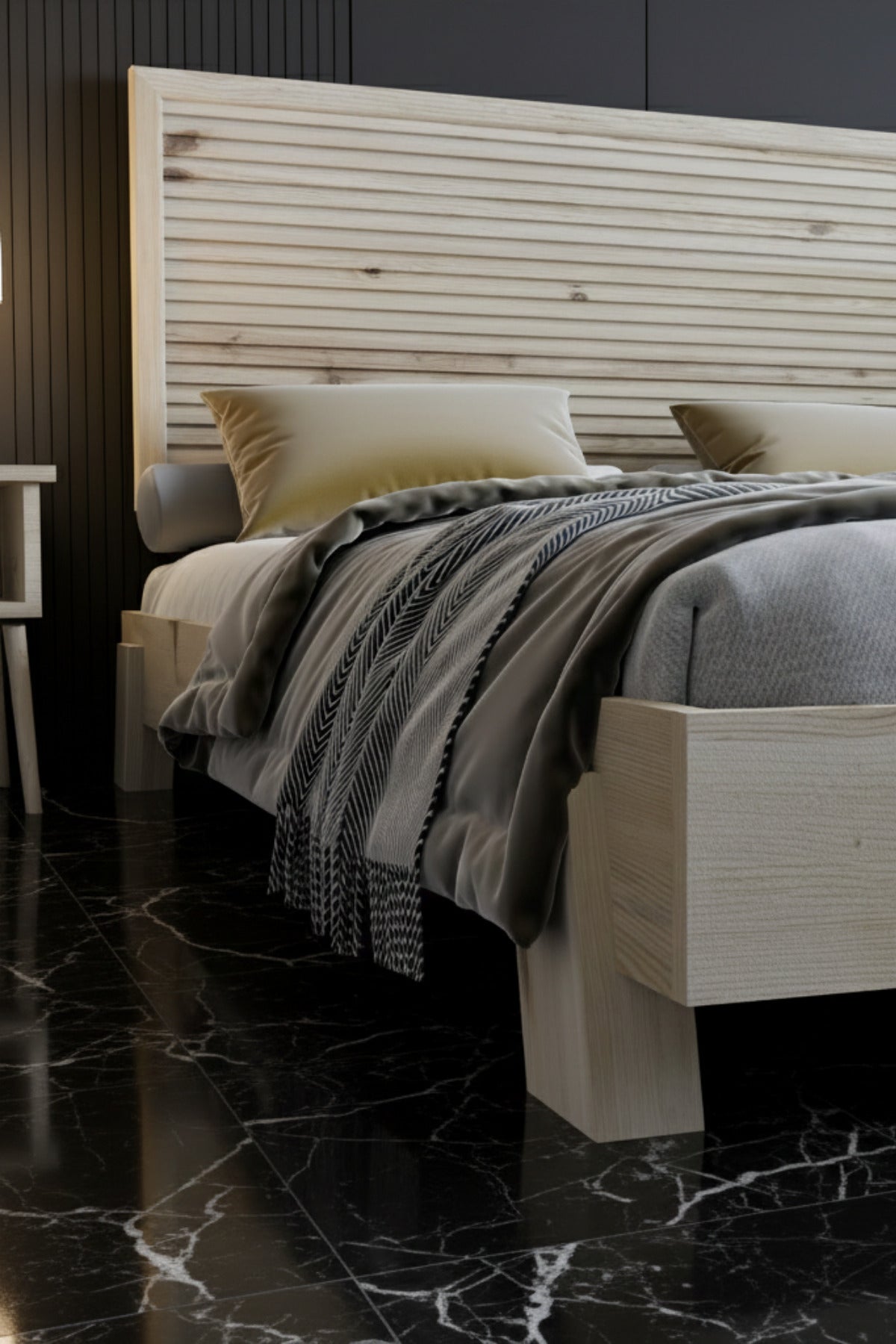 Alaz Model Yatay Başlıklı Masif Ahşap Karyola 2 Adet Komodin 120x200 Doğal