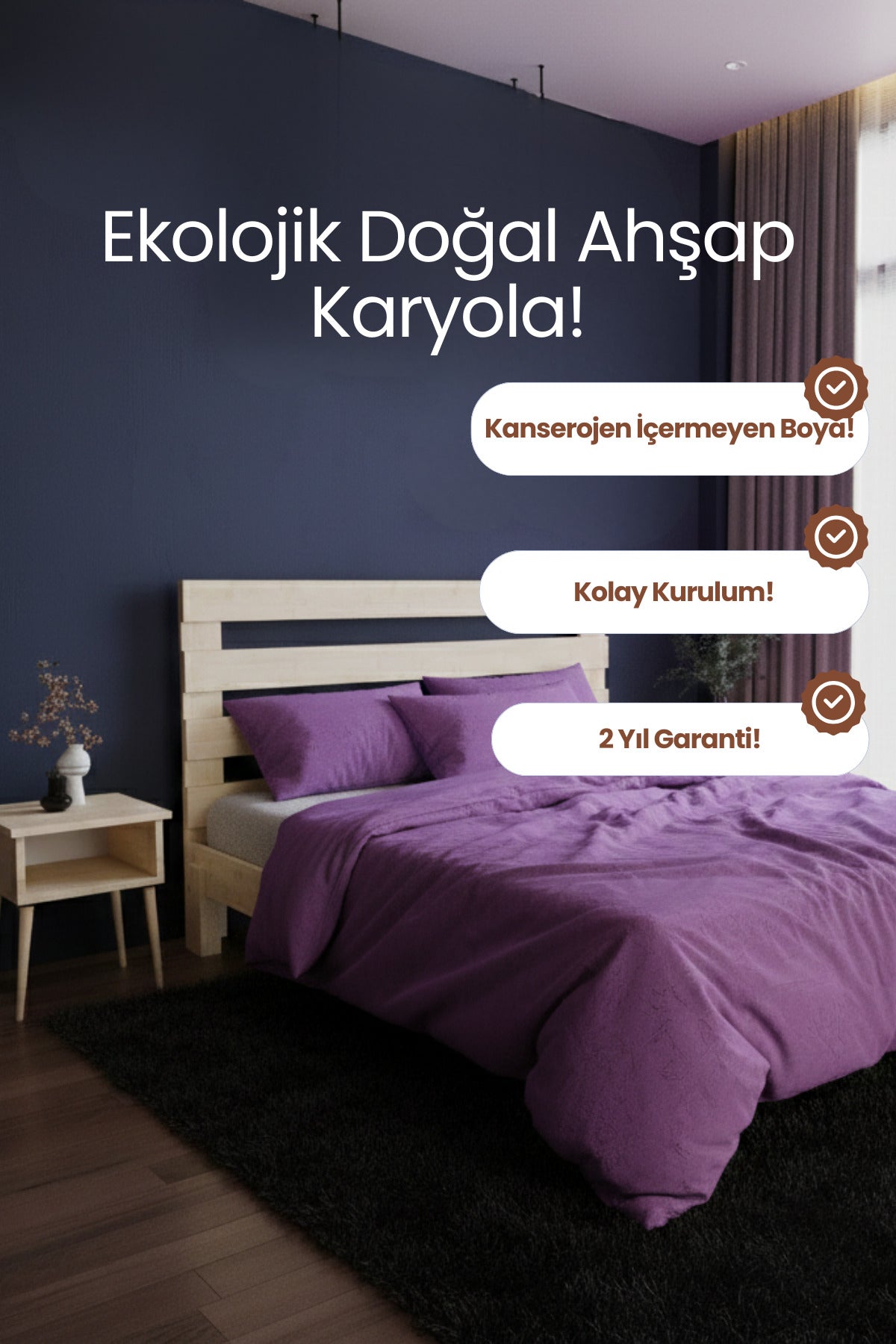Urban New Model Masif Ahşap Karyola 90x190 Doğal