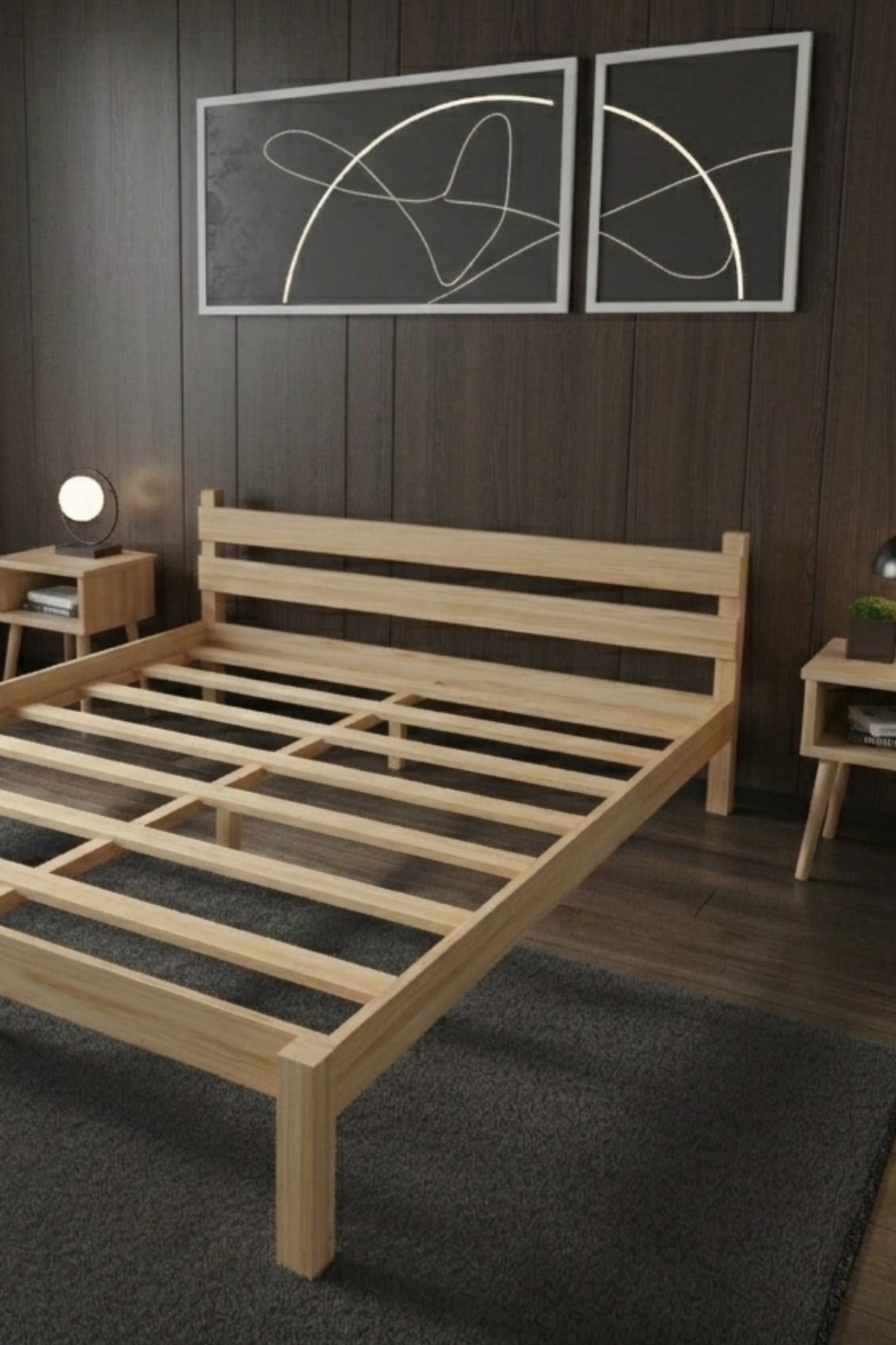 Letto Model Masif Ahşap Karyola 2 Adet Komodin 140x190 Doğal