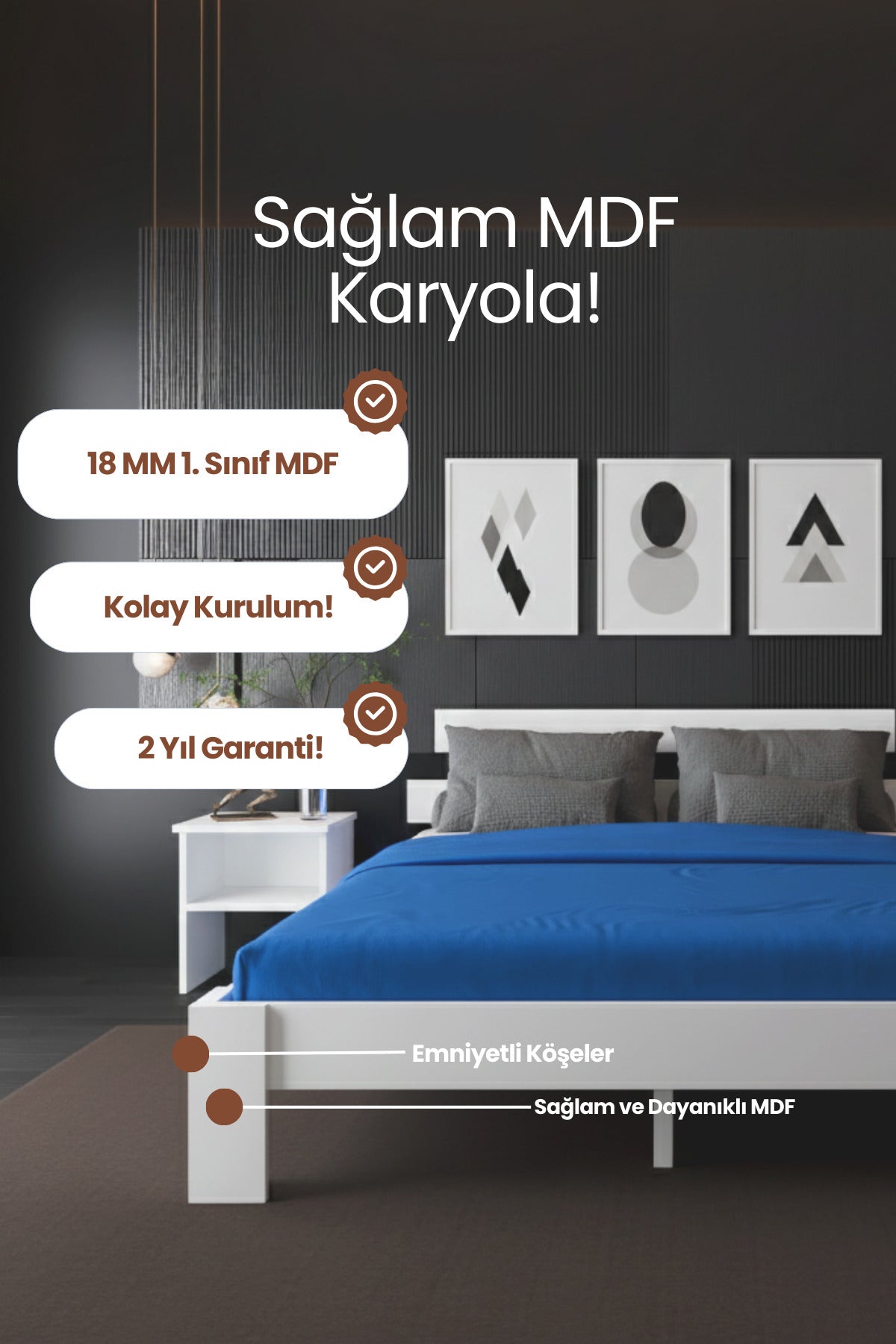 Lotus MDF Karyola ve 2 Komodinli Set 90x190 Beyaz
