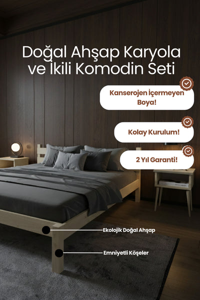 Letto Model Masif Ahşap Karyola ve 2 Adet Komodin