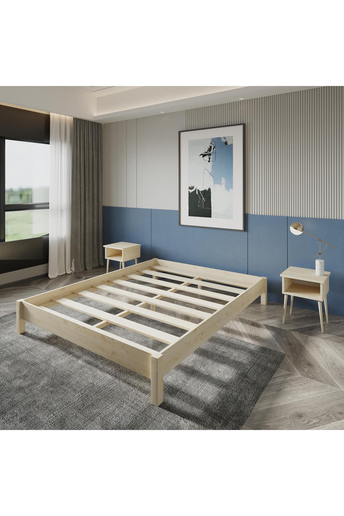 Loft Model Masif Ahşap Karyola 2 Adet Komodin 90x200 Doğal