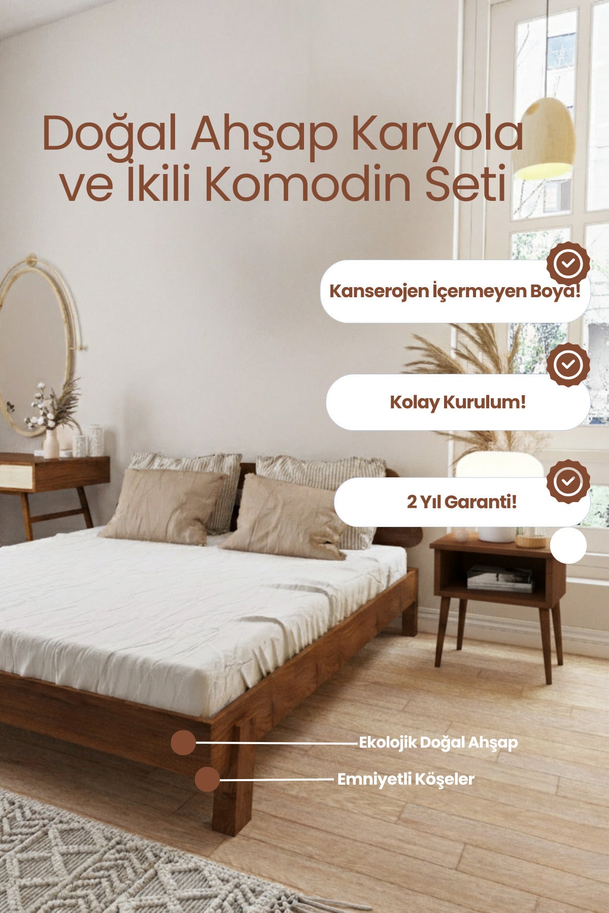 Damla Model 2 Başlıklı Masif Ahşap Karyola 2 Adet Komodin 180x200 Doğal
