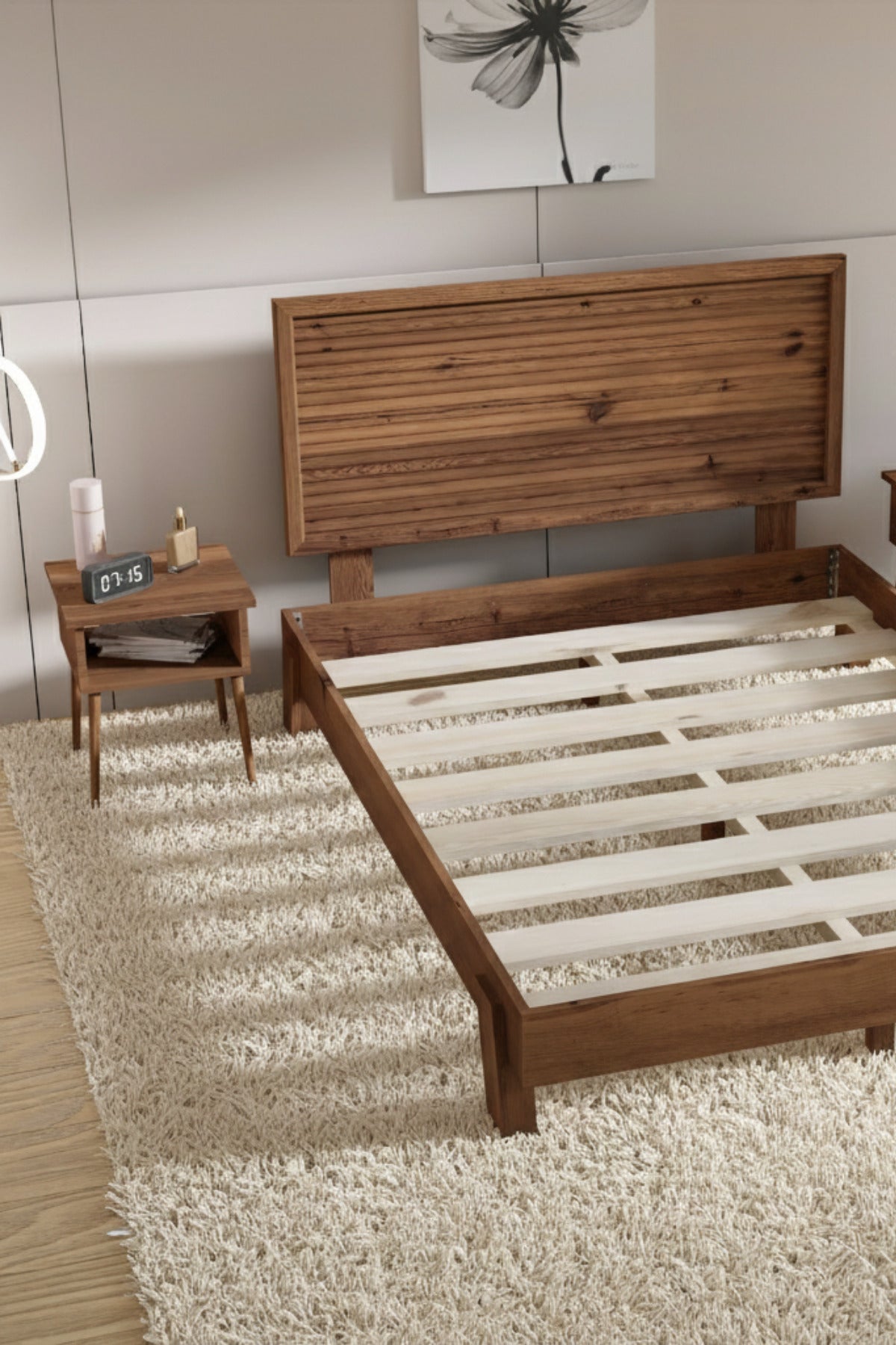 Ebruli̇ Model Yatay Başlıklı Masif Ahşap Karyola 2 Adet Komodin 120x200 Ceviz