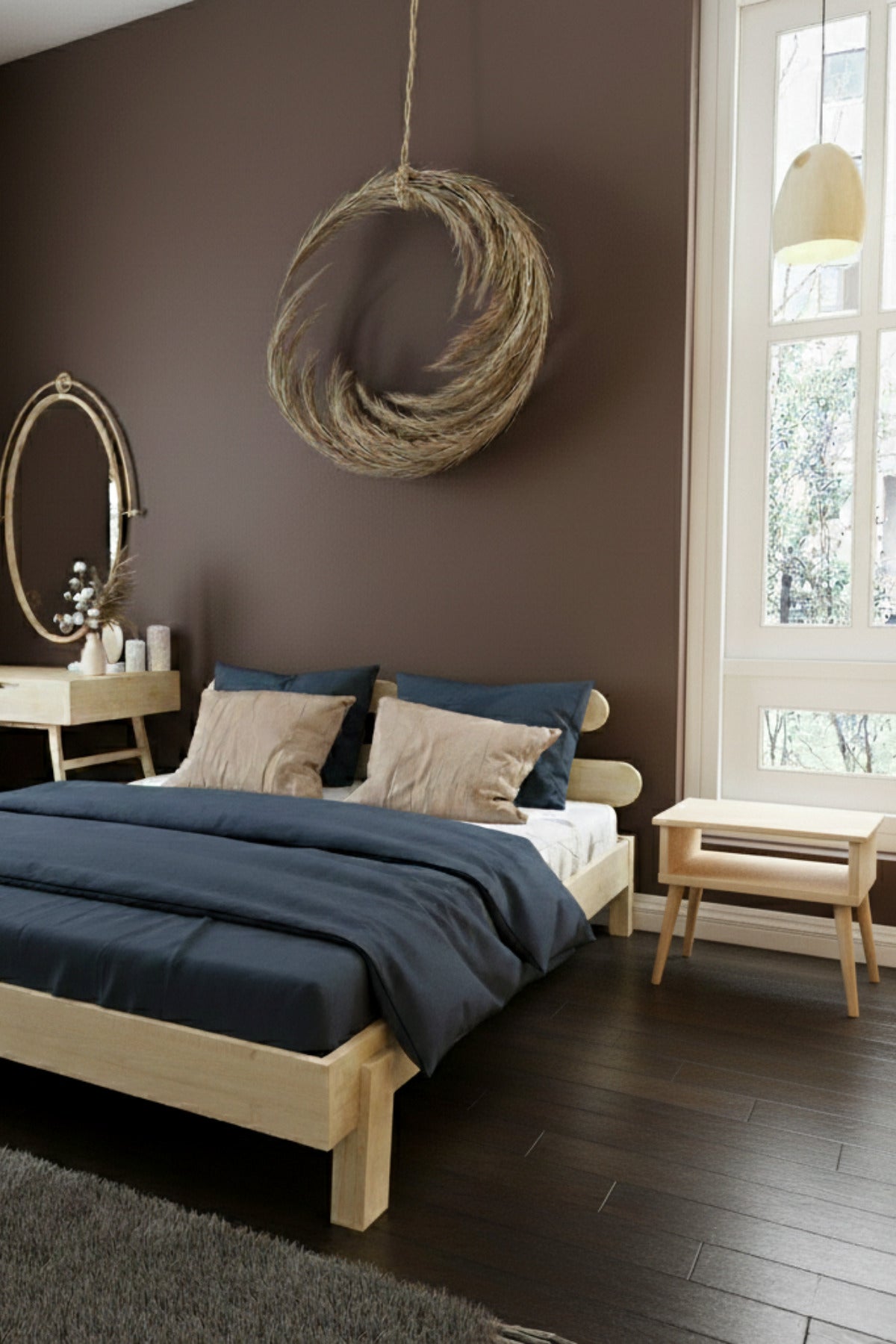 Damla Model 2 Başlıklı Masif Ahşap Karyola 2 Adet Komodin 100x200 Doğal