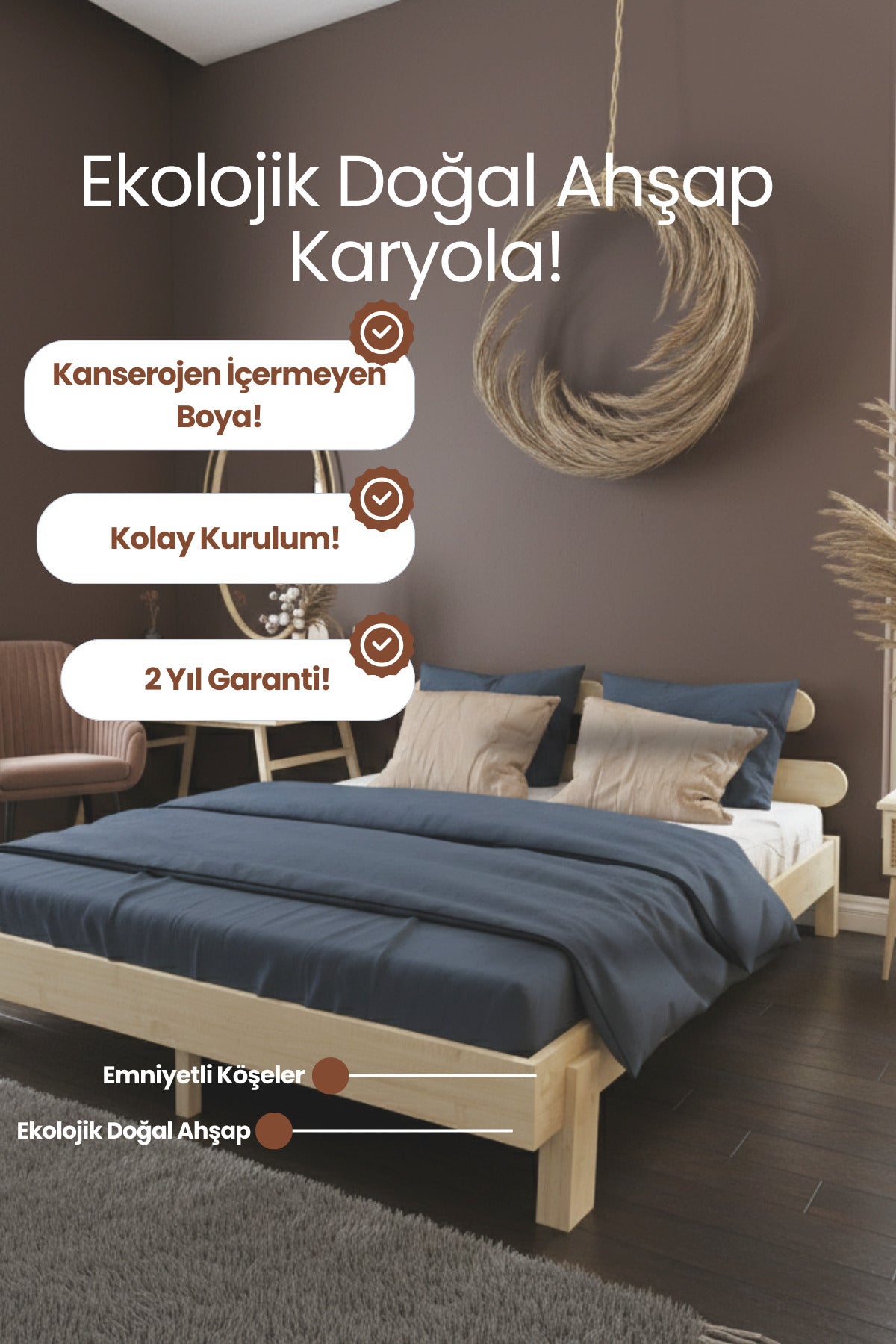 Damla Model 2 Başlıklı Masif Ahşap Karyola 2 Adet Komodin 150x200 Ceviz