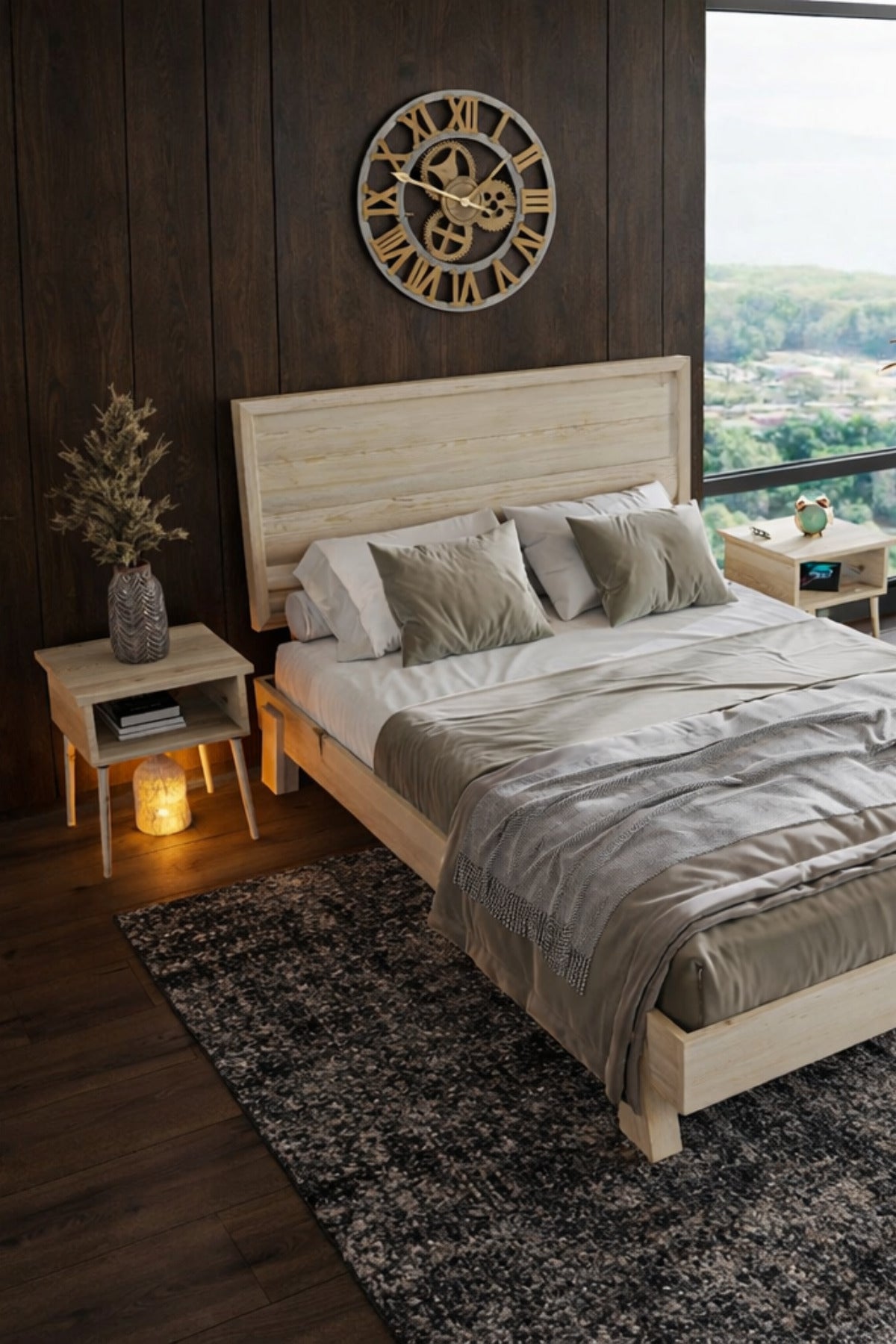 Hüma Model Yatay Başlıklı Masif Ahşap Karyola 2 Adet Komodin 100x200 Doğal