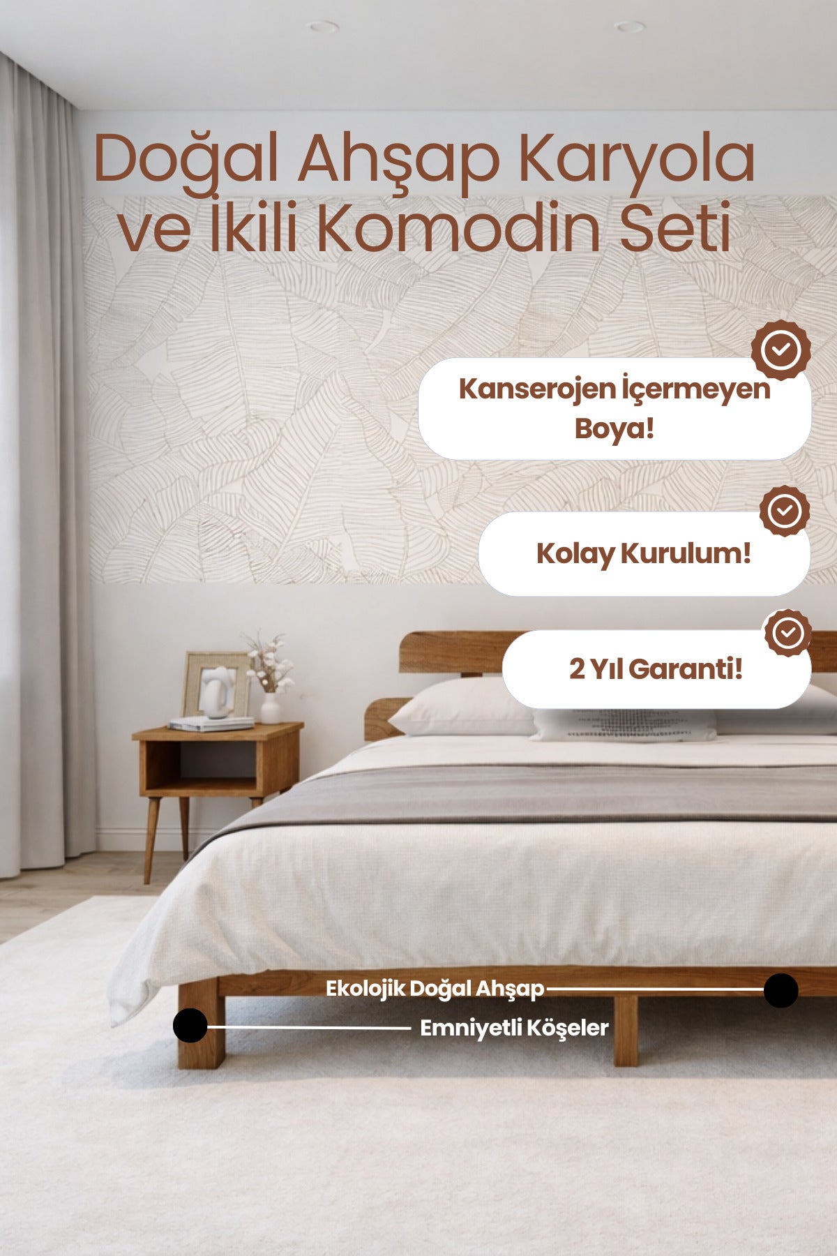 Lotus New Model Masif Ahşap Karyola ve 2 Adet Komodin 160x200 Doğal