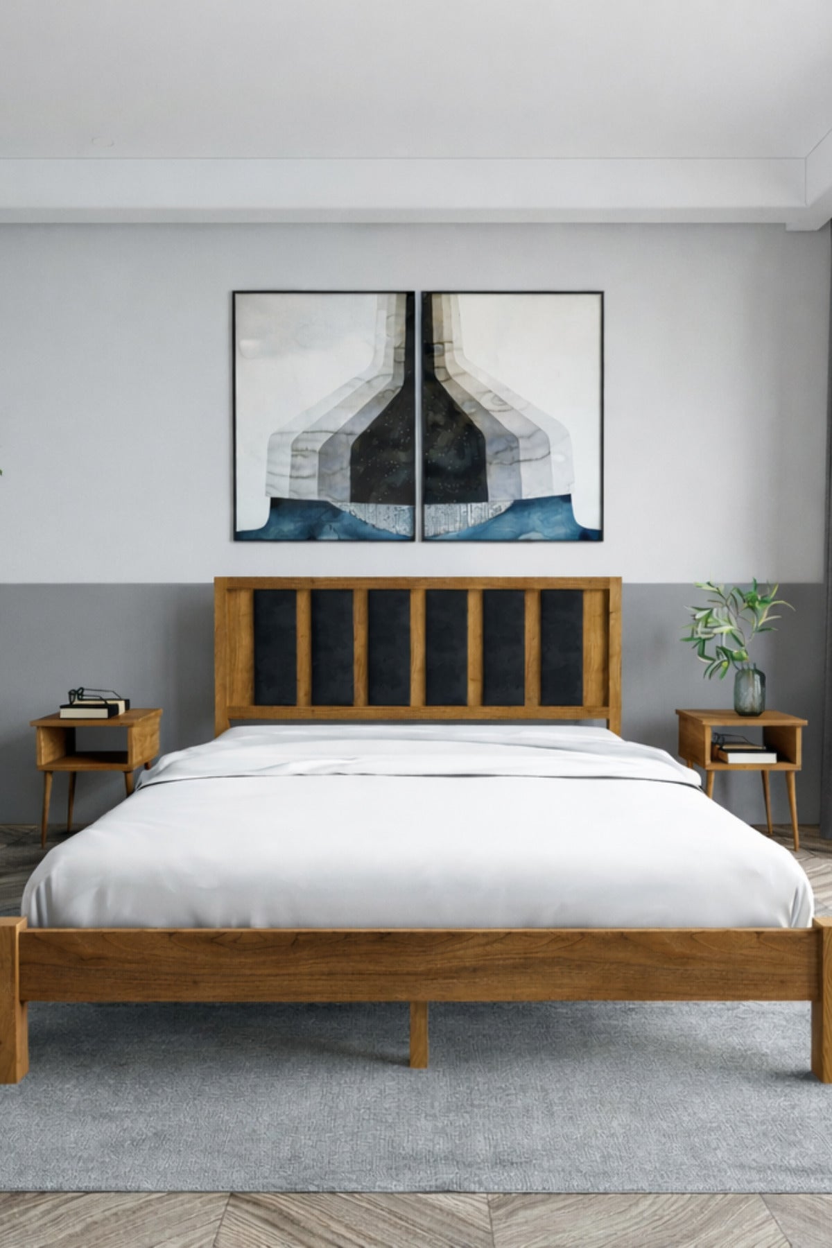 Ori̇on Model Siyah Puf Başlıklı Masif Ahşap Karyola 200x200 Doğal